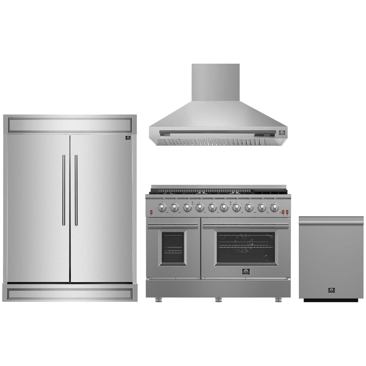 Forno 4-Piece Appliance Package - 48-Inch Gas Range, Wall Mount Range Hood, 60-Inch Built-In Convertible Refrigerator, and Dishwasher in Stainless Steel