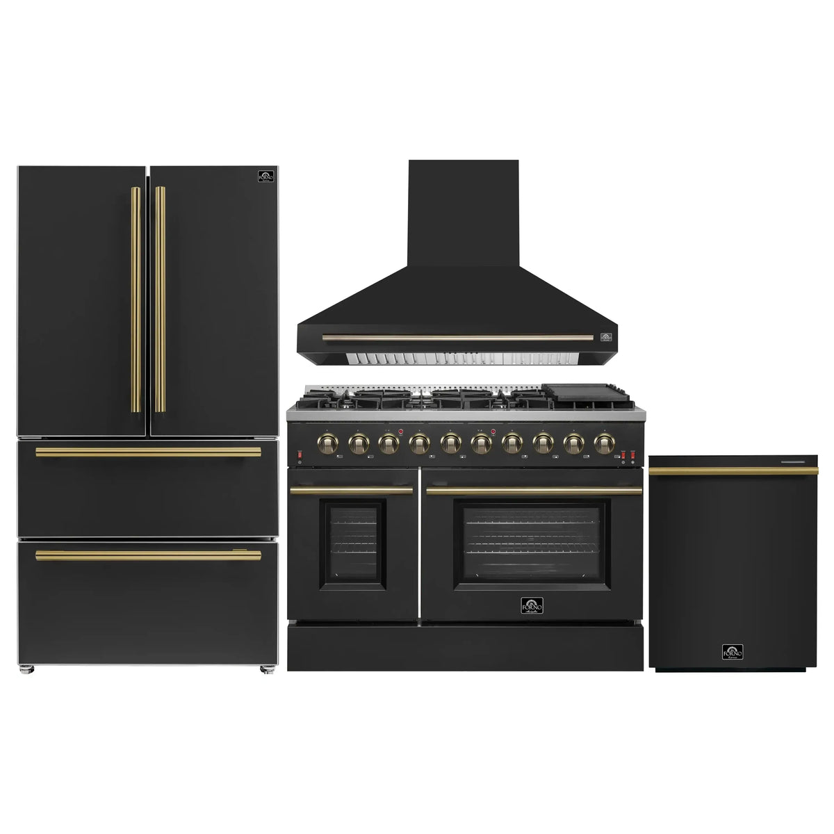 Forno 4-Piece Appliance Package - 48-Inch Gas Range, Wall Mount Range Hood, 36-Inch French Door Refrigerator, and Dishwasher in Black with Antique Brass Trim