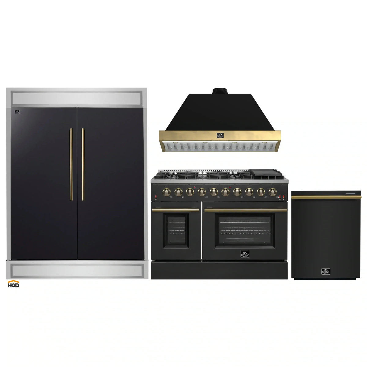 Forno 4-Piece Appliance Package - 48-Inch Gas Range, 60-Inch Convertible Refrigerator with Modern Trim, Dishwasher, in Black with Antique Brass Trim
