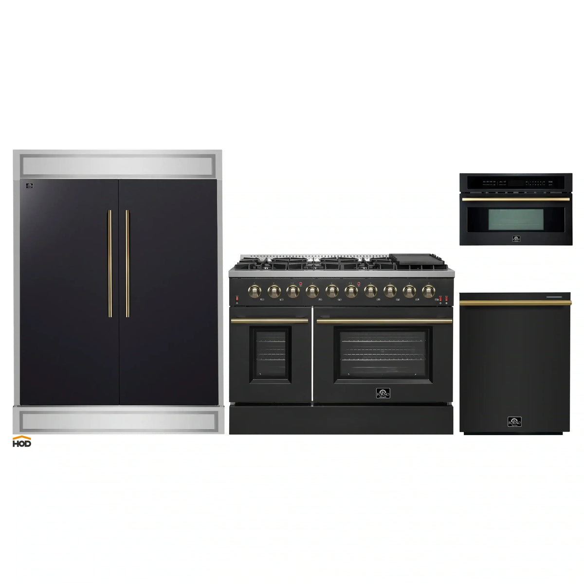 Forno 4-Piece Appliance Package - 48-Inch Gas Range, 60-Inch Convertible Refrigerator with Modern Trim, Dishwasher, and 30-Inch Microwave Oven in Black with Antique Brass Trim