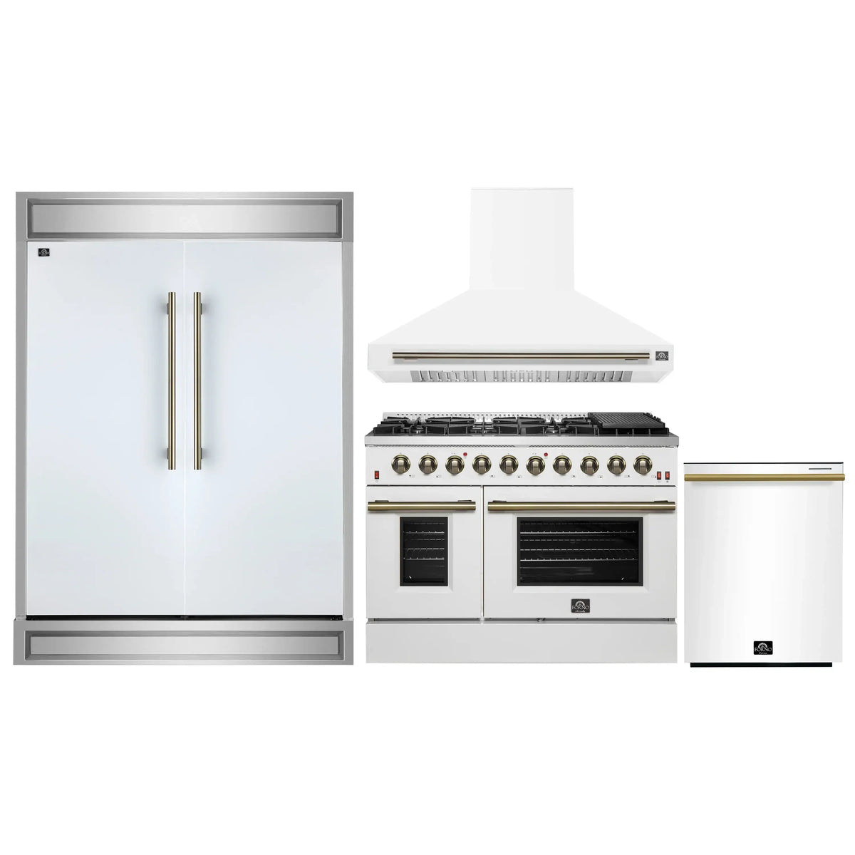 Forno 4-Piece Appliance Package - 48-Inch Gas Range, Wall Mount Range Hood, 60-Inch Built-In Convertible Refrigerator, and Dishwasher in White with Antique Brass Trim