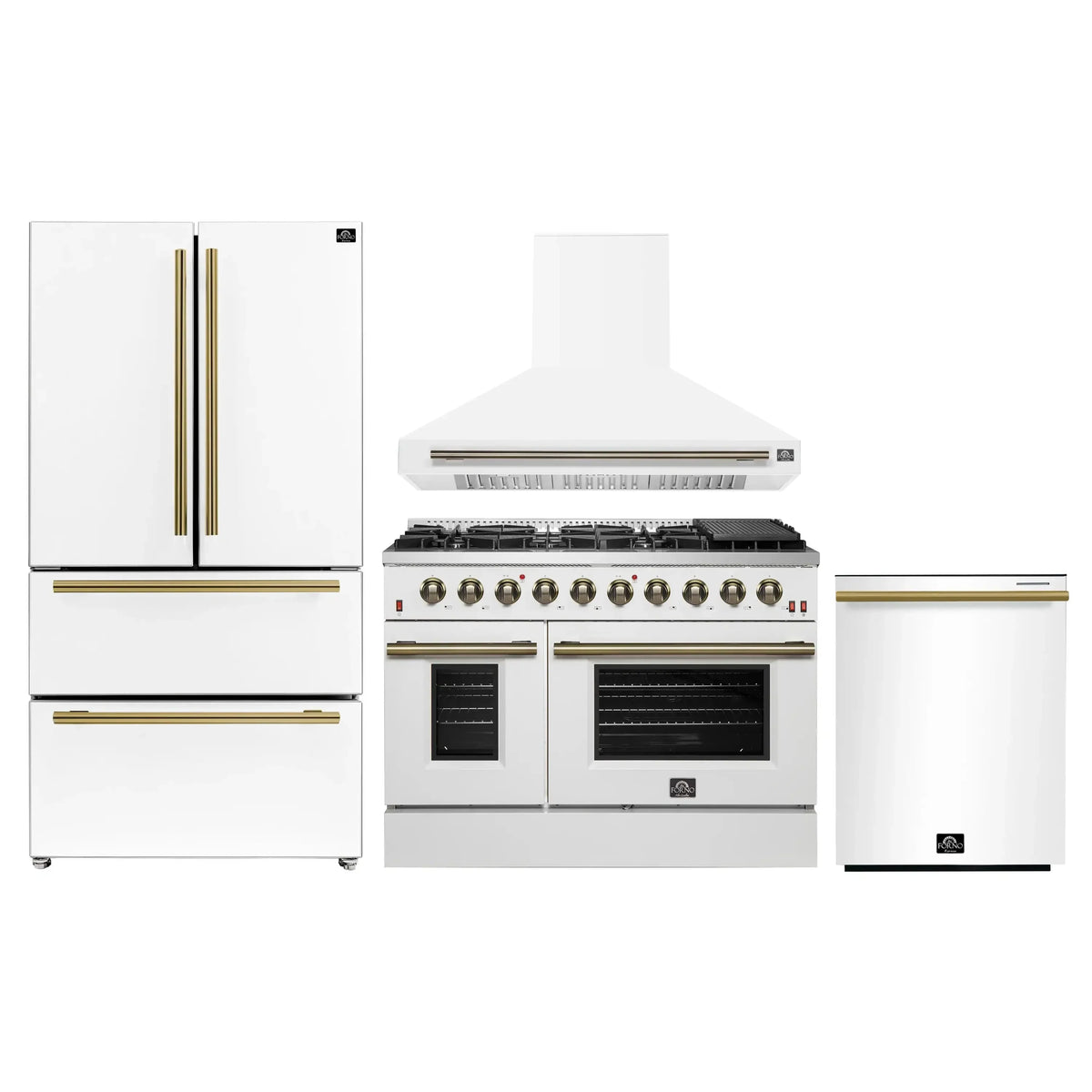 Forno 4-Piece Appliance Package - 48-Inch Gas Range, Wall Mount Range Hood, 36-Inch French Door Refrigerator, and Dishwasher in White with Antique Brass Trim