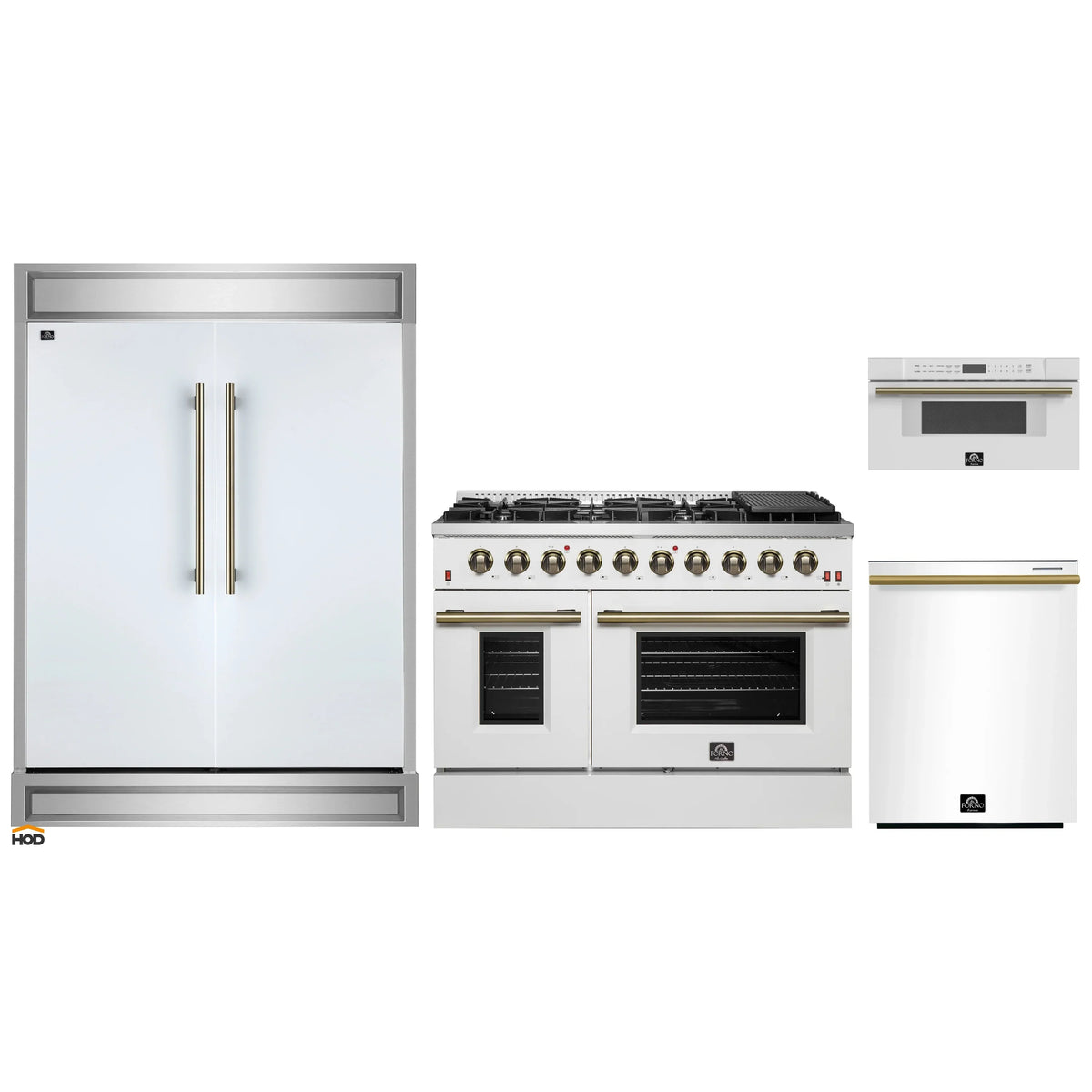 Forno 4-Piece Appliance Package - 48-Inch Gas Range, 60-Inch Refrigerator, Dishwasher, & 30-Inch Microwave Drawer in White with Antique Brass Trim