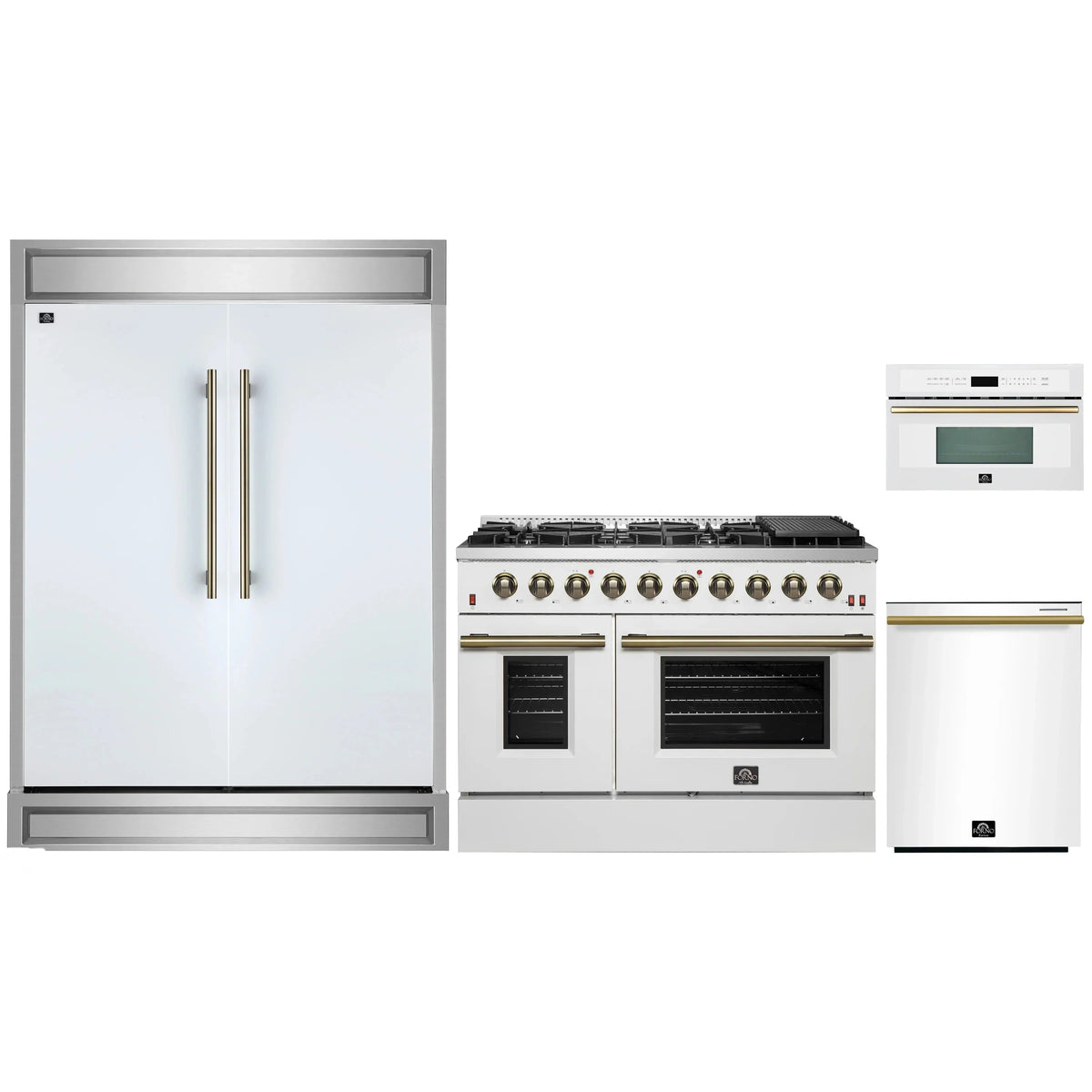 Forno 4-Piece Appliance Package: 48" Galiano Gas Range, 30" Microwave Oven, 60" Modern Trim Refrigerator, Dishwasher, White with Antique Brass Trim