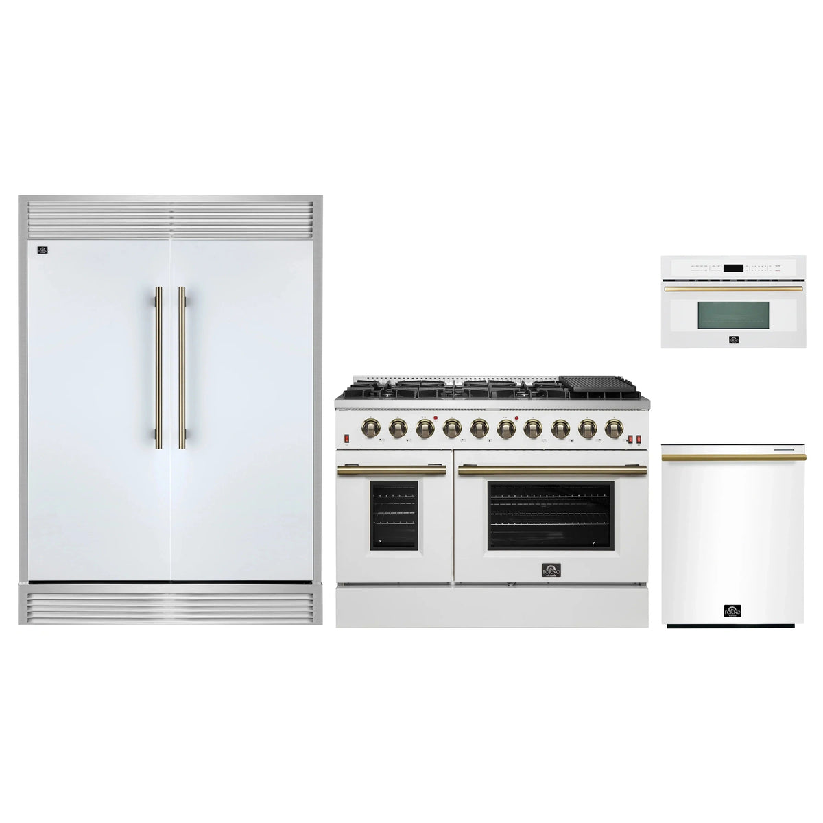 Forno 4-Piece Appliance Package: 48" Galiano Gas Range, 30" Microwave Oven, 60" Modern Grille Refrigerator, Dishwasher, White with Antique Brass Trim