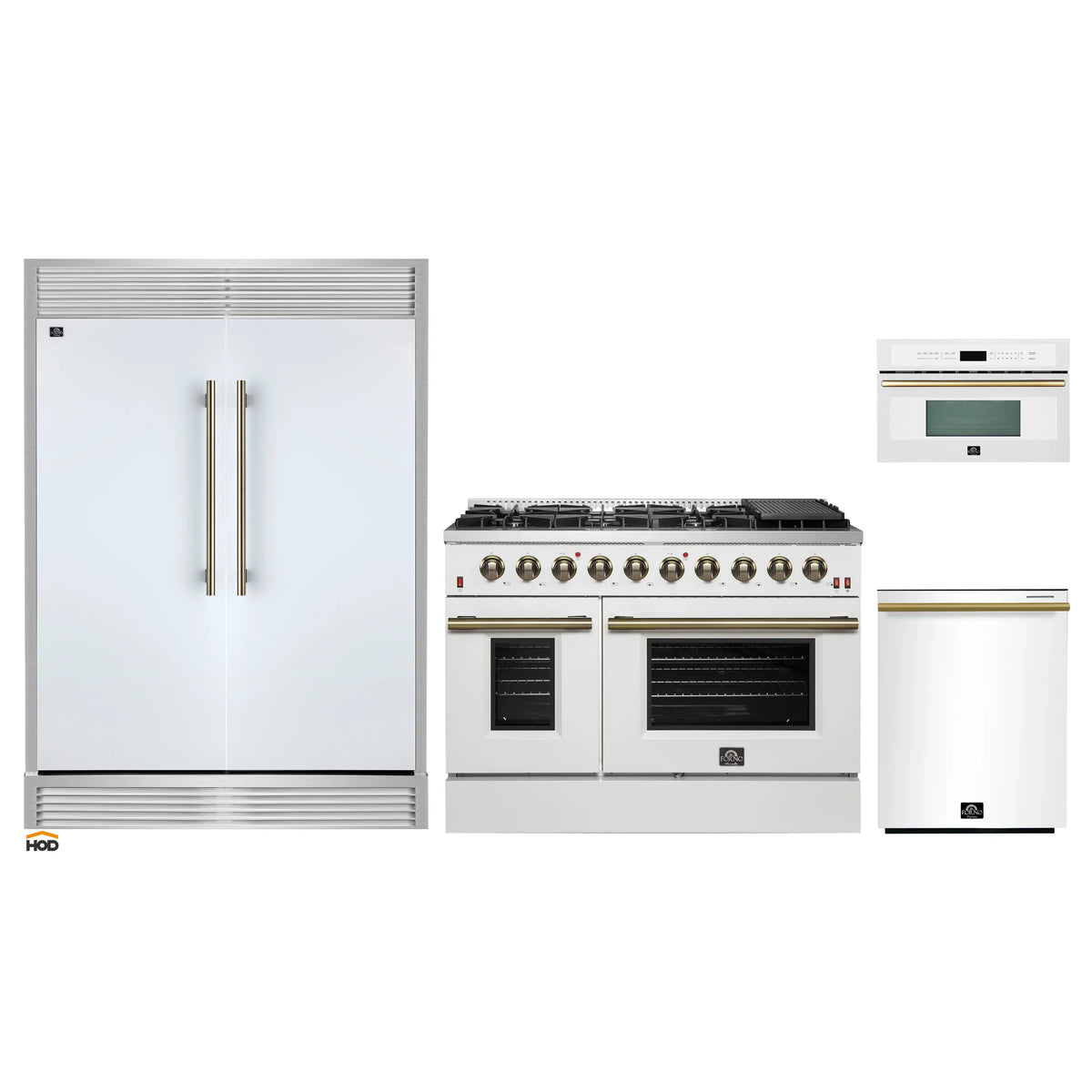 Forno 4-Piece Appliance Package - 48-Inch Gas Range, 60-Inch Refrigerator, Dishwasher, & 30-Inch Microwave Oven in White with Antique Brass Trim