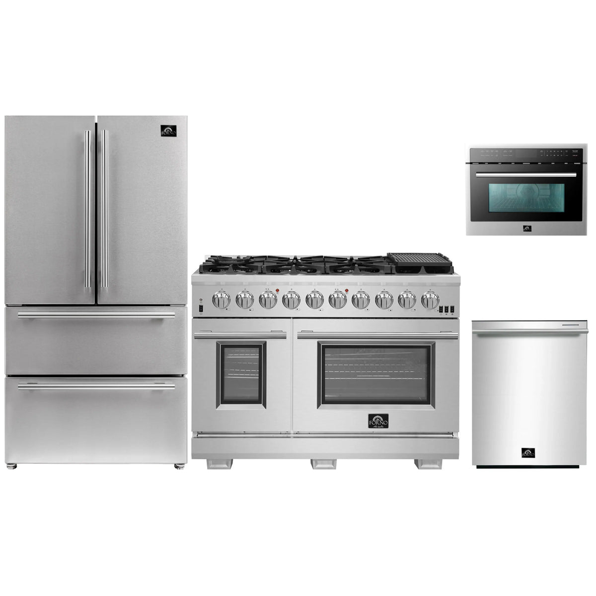 Forno 4-Piece Pro Appliance Package - 48-Inch Gas Range, Refrigerator, 24-Inch Microwave Oven, & 3-Rack Dishwasher in Stainless Steel