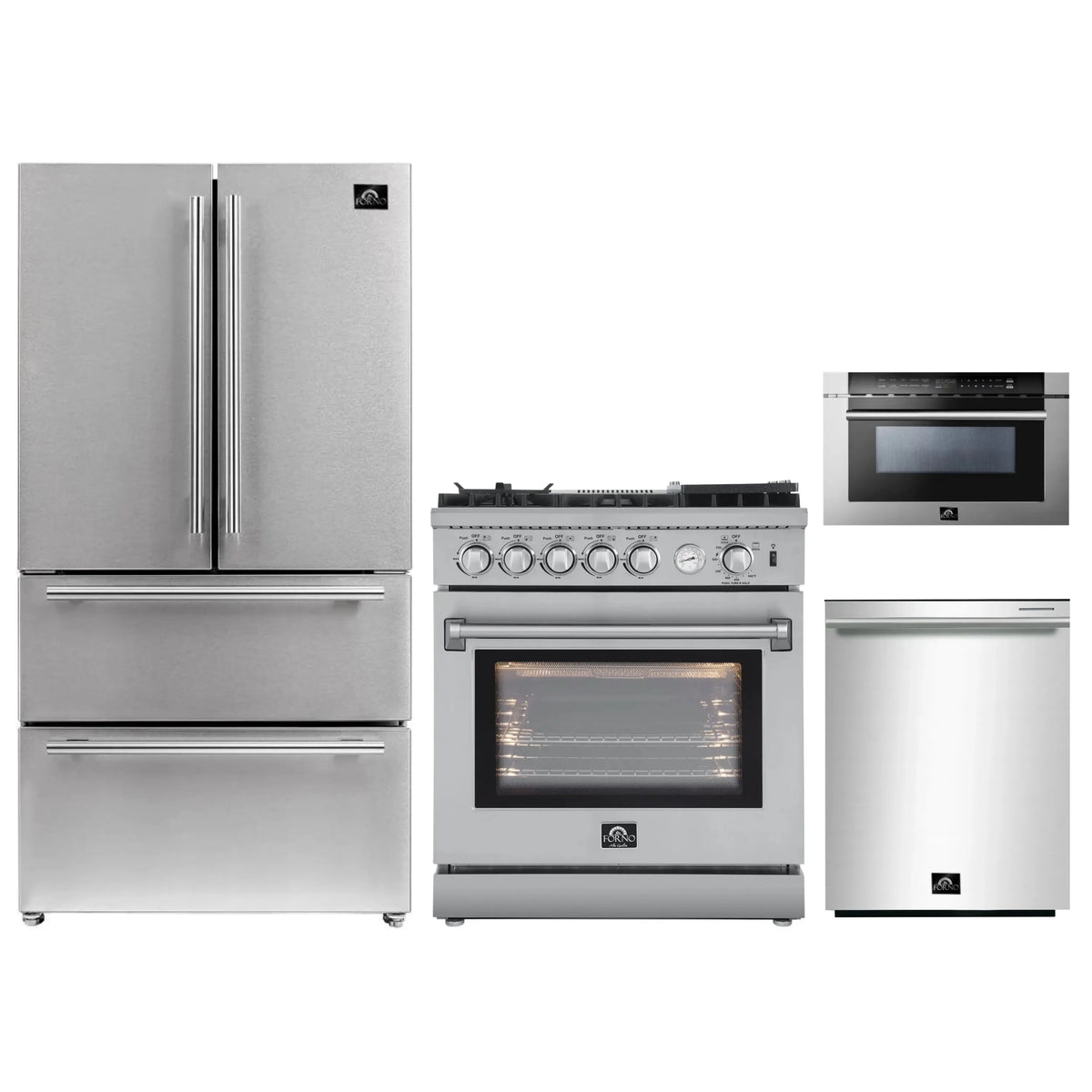 Forno 4-Piece Appliance Package - 30-Inch Gas Range with Air Fryer, Refrigerator, 24-Inch Microwave Drawer, & 3-Rack Dishwasher in Stainless Steel