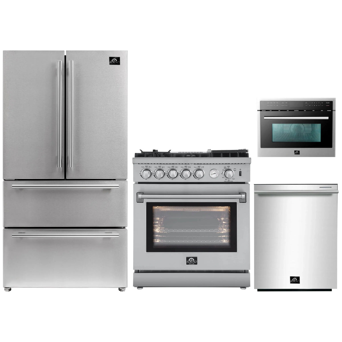 Forno 4-Piece Appliance Package: 30-Inch Gas Air Fryer Range, 24-Inch Microwave Oven, Refrigerator, 3-Rack Dishwasher, Stainless Steel
