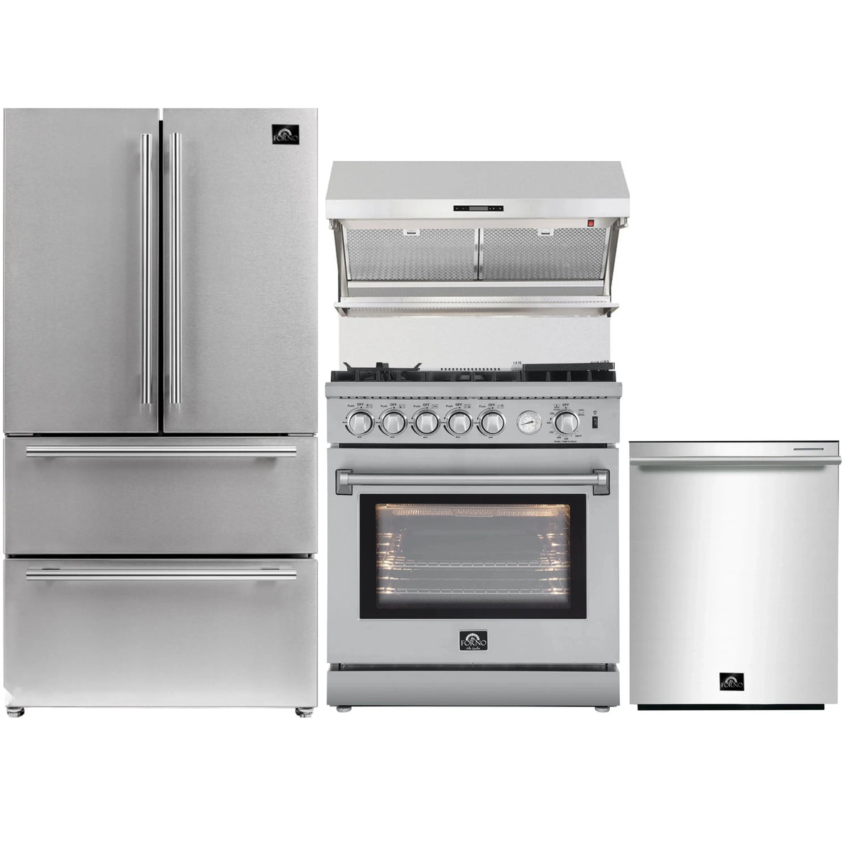 Forno 4-Piece Appliance Package: 30-Inch Gas Air Fryer Range, Backsplash Hood, Refrigerator, 3-Rack Dishwasher, Stainless Steel