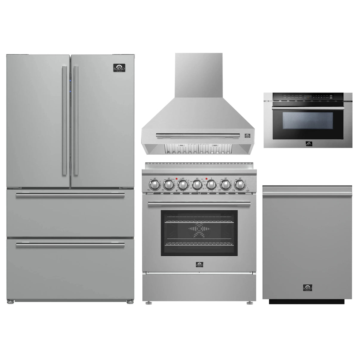 Forno 5-Piece Appliance Package - 30-Inch Electric Range, Wall Mount Range Hood, 36-Inch Refrigerator, Dishwasher, and 24-Inch Microwave Drawer in Stainless Steel