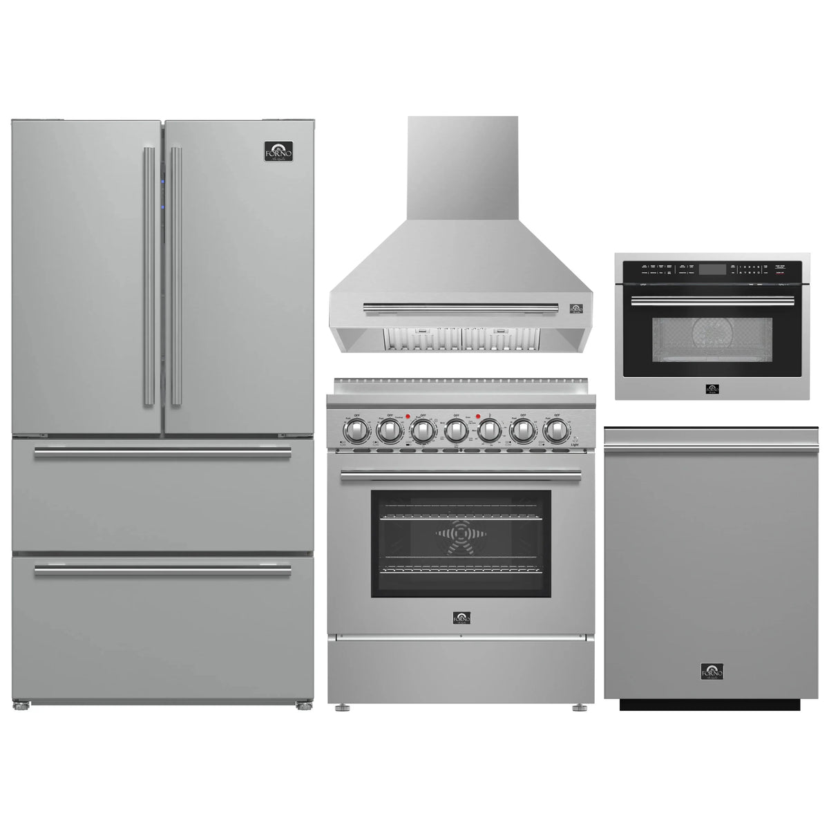 Forno 5-Piece Appliance Package - 30-Inch Electric Range, Wall Mount Range Hood, 36-Inch Refrigerator, Dishwasher, and 24-Inch Microwave Oven in Stainless Steel