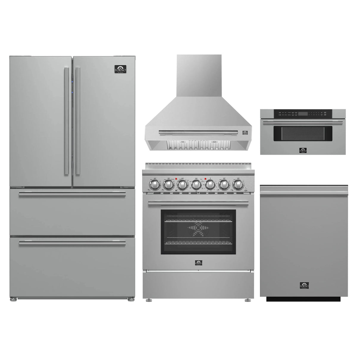 Forno 5-Piece Appliance Package - 30-Inch Electric Range, Wall Mount Range Hood, 36-Inch Refrigerator, Dishwasher, and 30-Inch Microwave Drawer in Stainless Steel