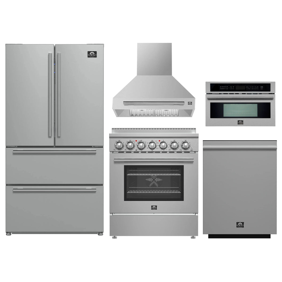 Forno 5-Piece Appliance Package - 30-Inch Electric Range, Wall Mount Range Hood, 36-Inch Refrigerator, Dishwasher, and 30-Inch Microwave Oven in Stainless Steel