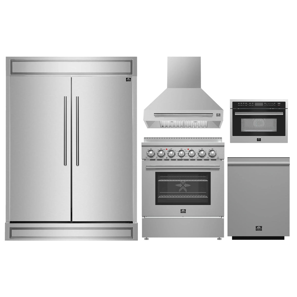 Forno 5-Piece Appliance Package - 30-Inch Electric Range, Wall Mount Range Hood, 60-Inch Refrigerator, Dishwasher, and 24-Inch Microwave Oven in Stainless Steel