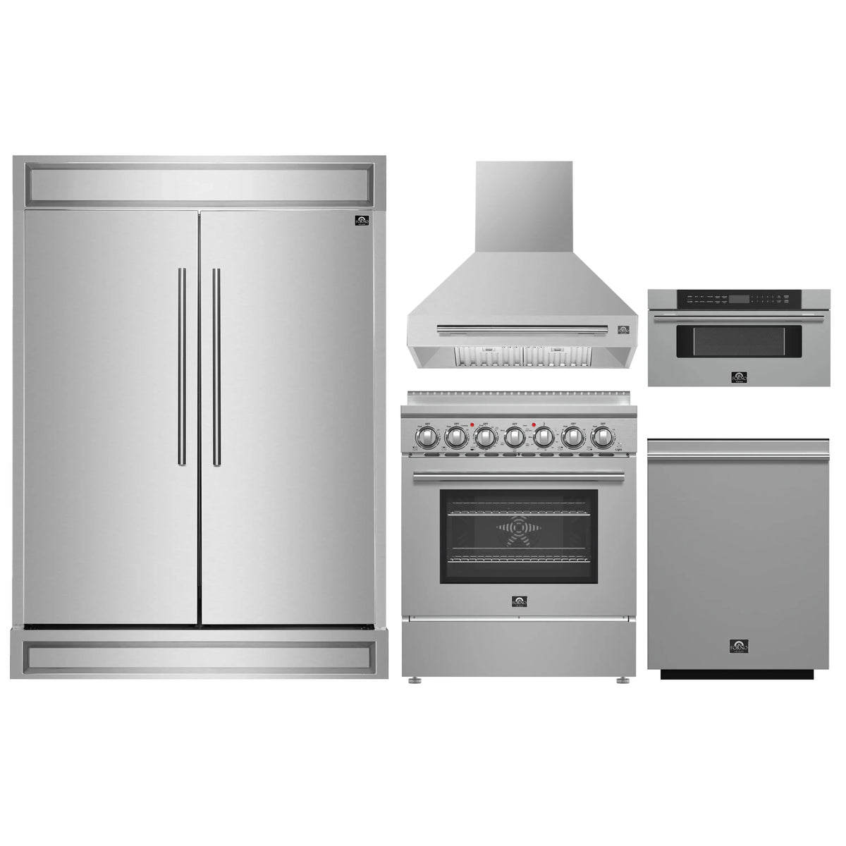 Forno 5-Piece Appliance Package - 30-Inch Electric Range, Wall Mount Range Hood, 60-Inch Refrigerator, Dishwasher, and 30-Inch Microwave Drawer in Stainless Steel