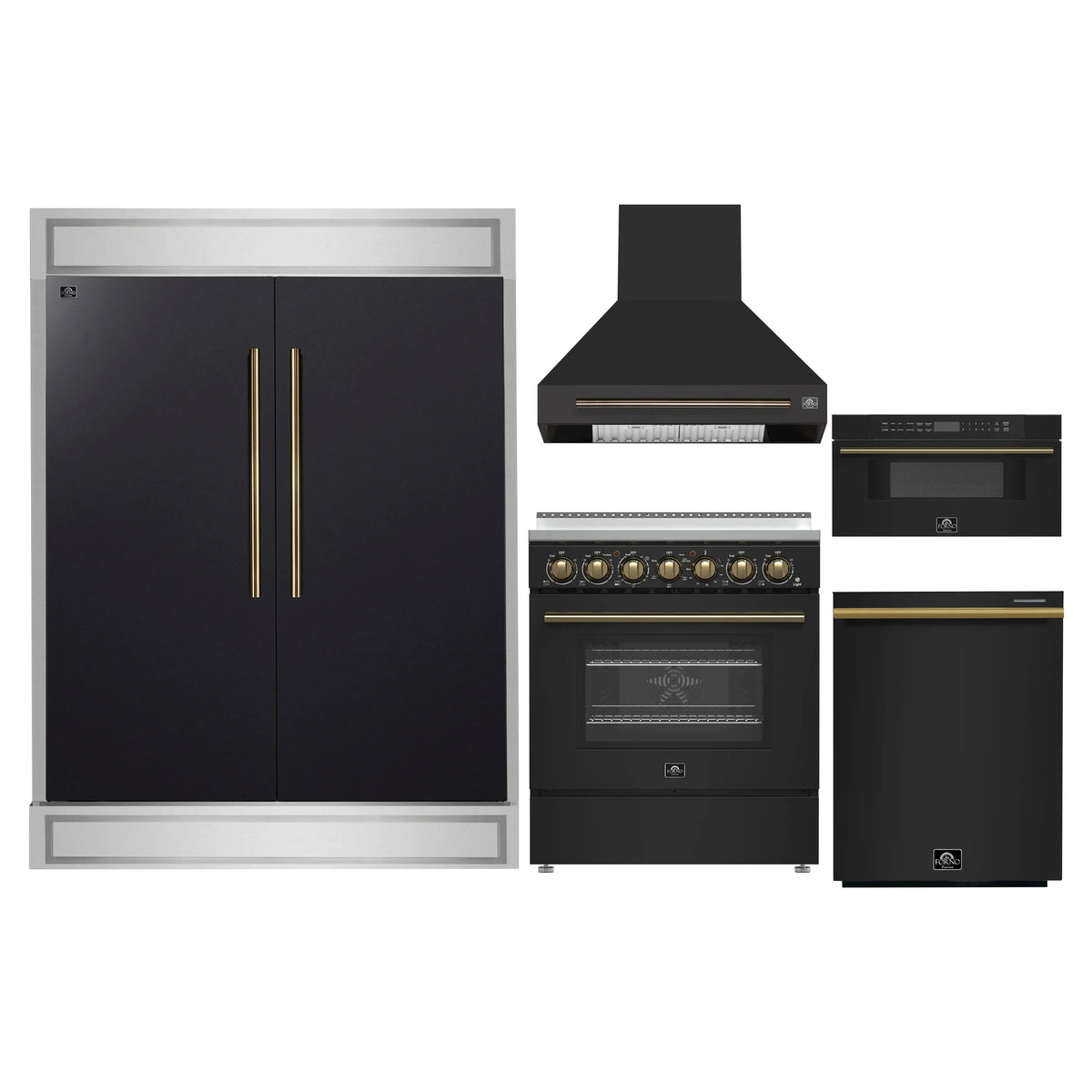 Forno 5-Piece Appliance Package - 30-Inch Electric Range, Wall Mount Range Hood, 60-Inch Refrigerator, Dishwasher, and 30-Inch Microwave Drawer in Black with Antique Brass Trim