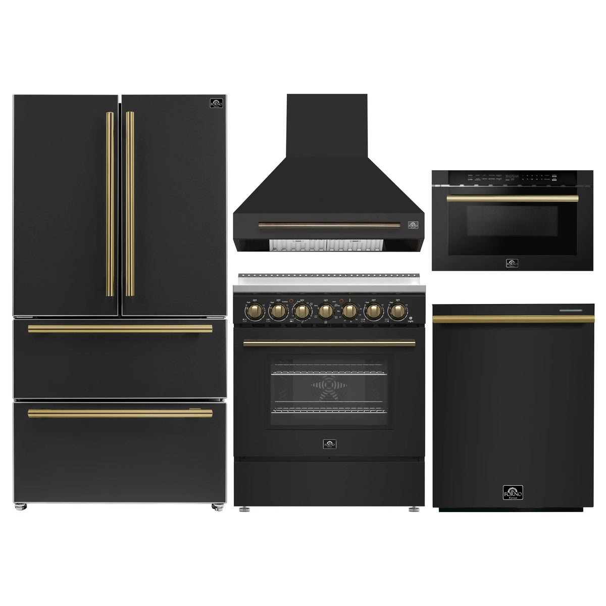 Forno 5-Piece Appliance Package - 30-Inch Electric Range, Wall Mount Range Hood, 36-Inch Refrigerator, Dishwasher, and 24-Inch Microwave Drawer in Black with Antique Brass Trim
