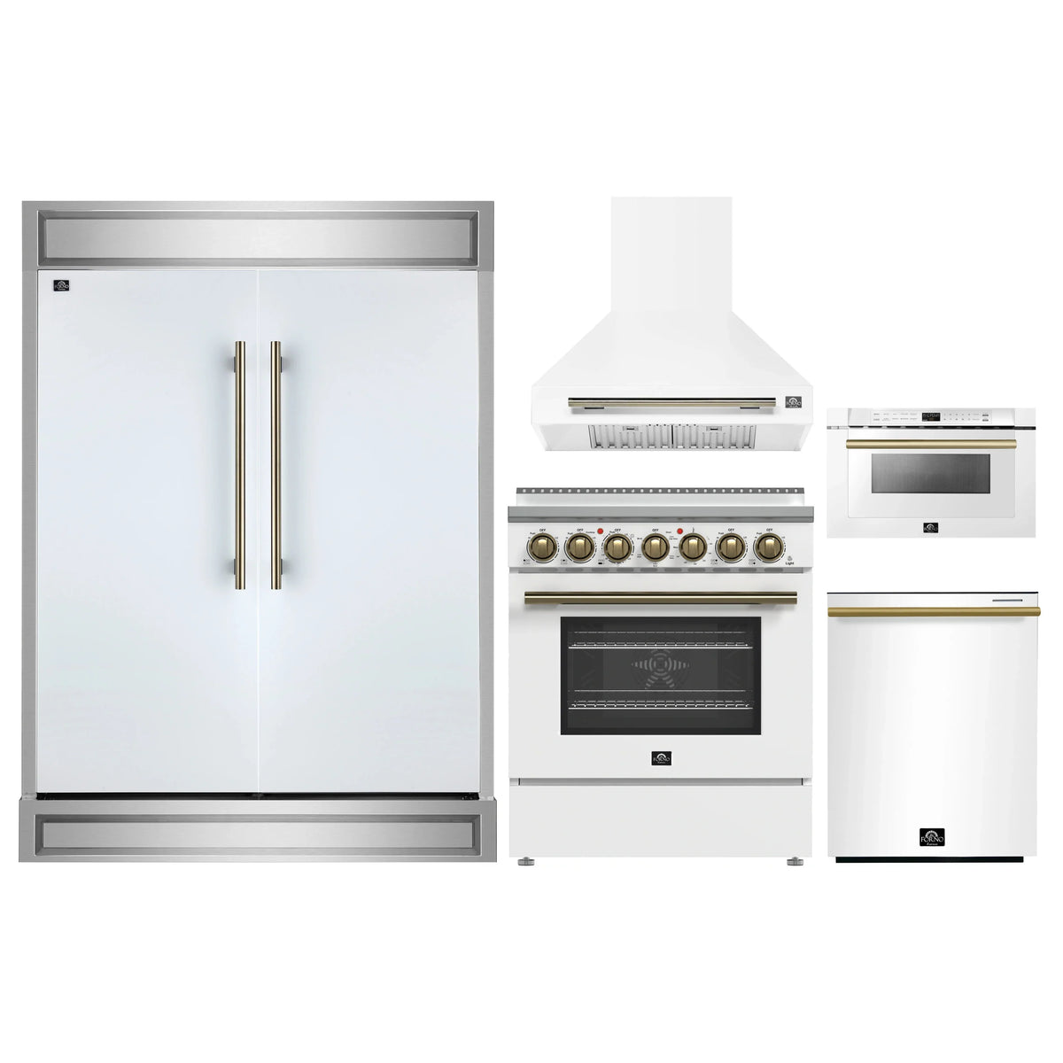 Forno 5-Piece Appliance Package - 30-Inch Electric Range, Wall Mount Range Hood, 60-Inch Refrigerator, Dishwasher, and 24-Inch Microwave Drawer in White with Antique Brass Trim