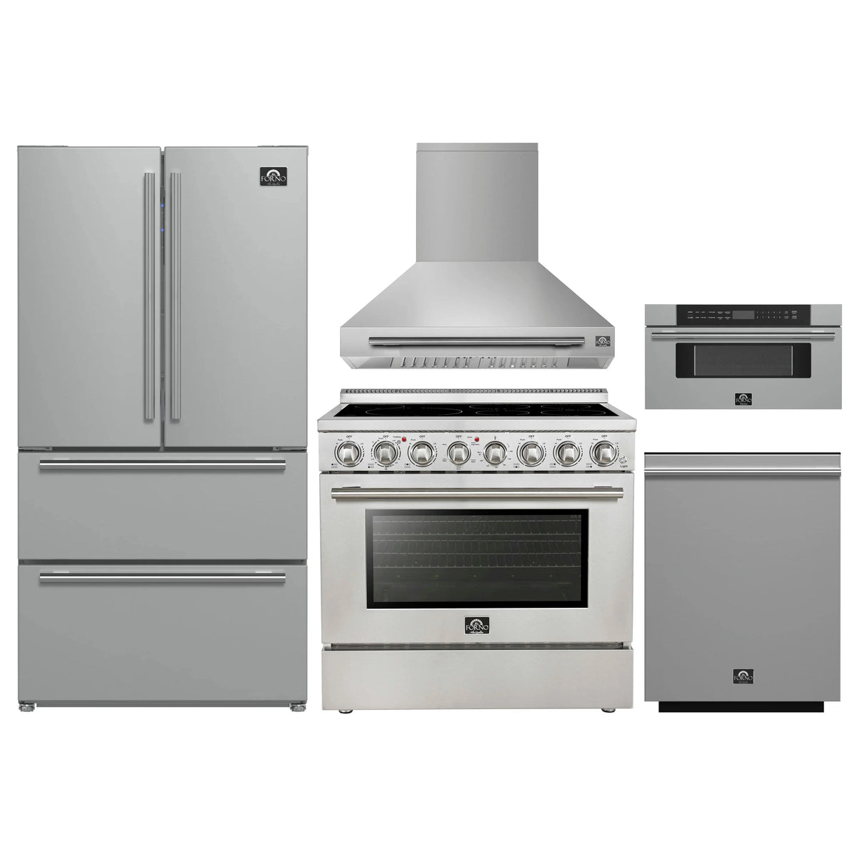 Forno 5-Piece Appliance Package - 36-Inch Electric Range, Wall Mount Range Hood, 36-Inch Refrigerator, Dishwasher, and 30-Inch Microwave Drawer in Stainless Steel