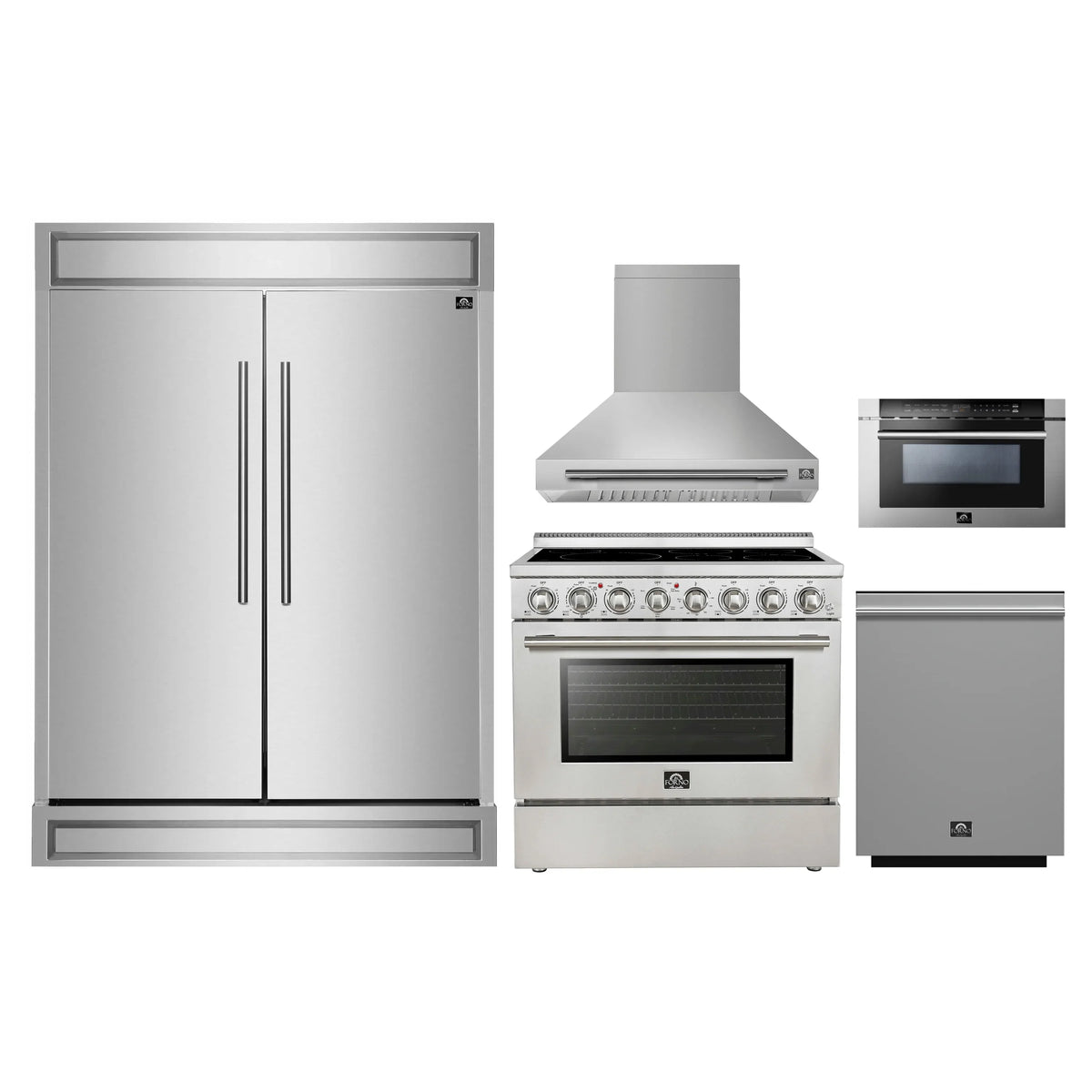 Forno 5-Piece Appliance Package - 36-Inch Electric Range, Wall Mount Range Hood, 60-Inch Refrigerator, Dishwasher, and 24-Inch Microwave Drawer in Stainless Steel