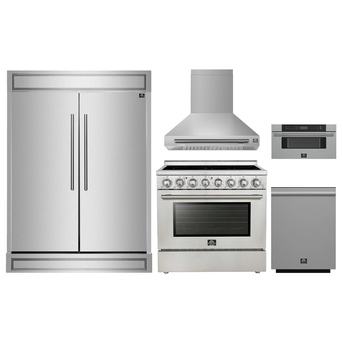 Forno 5-Piece Appliance Package - 36-Inch Electric Range, Wall Mount Range Hood, 60-Inch Refrigerator, Dishwasher, and 30-Inch Microwave Drawer in Stainless Steel
