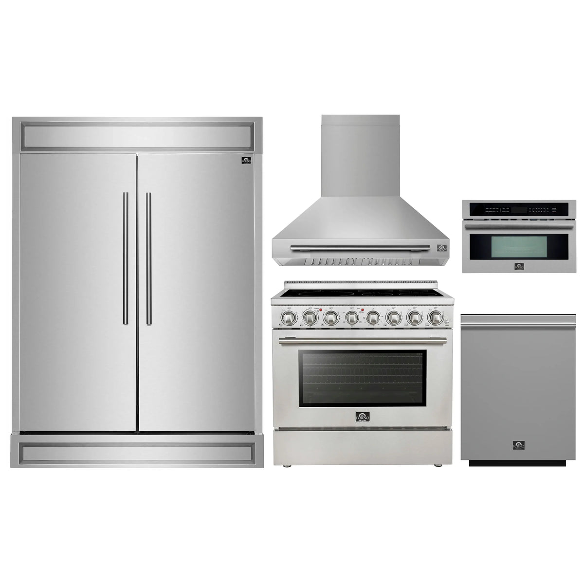 Forno 5-Piece Appliance Package - 36-Inch Electric Range, Wall Mount Range Hood, 60-Inch Refrigerator, Dishwasher, and 30-Inch Microwave Oven in Stainless Steel