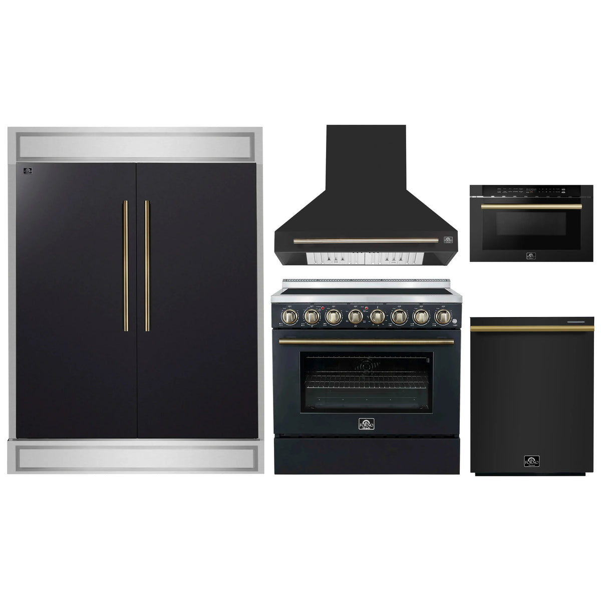 Forno 5-Piece Appliance Package - 36-Inch Electric Range, Wall Mount Range Hood, 60-Inch Refrigerator, Dishwasher, and 24-Inch Microwave Drawer in Black with Antique Brass Trim