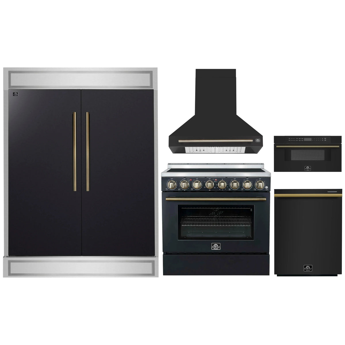 Forno 5-Piece Appliance Package - 36-Inch Electric Range, Wall Mount Range Hood, 60-Inch Refrigerator, Dishwasher, and 30-Inch Microwave Drawer in Black with Antique Brass Trim