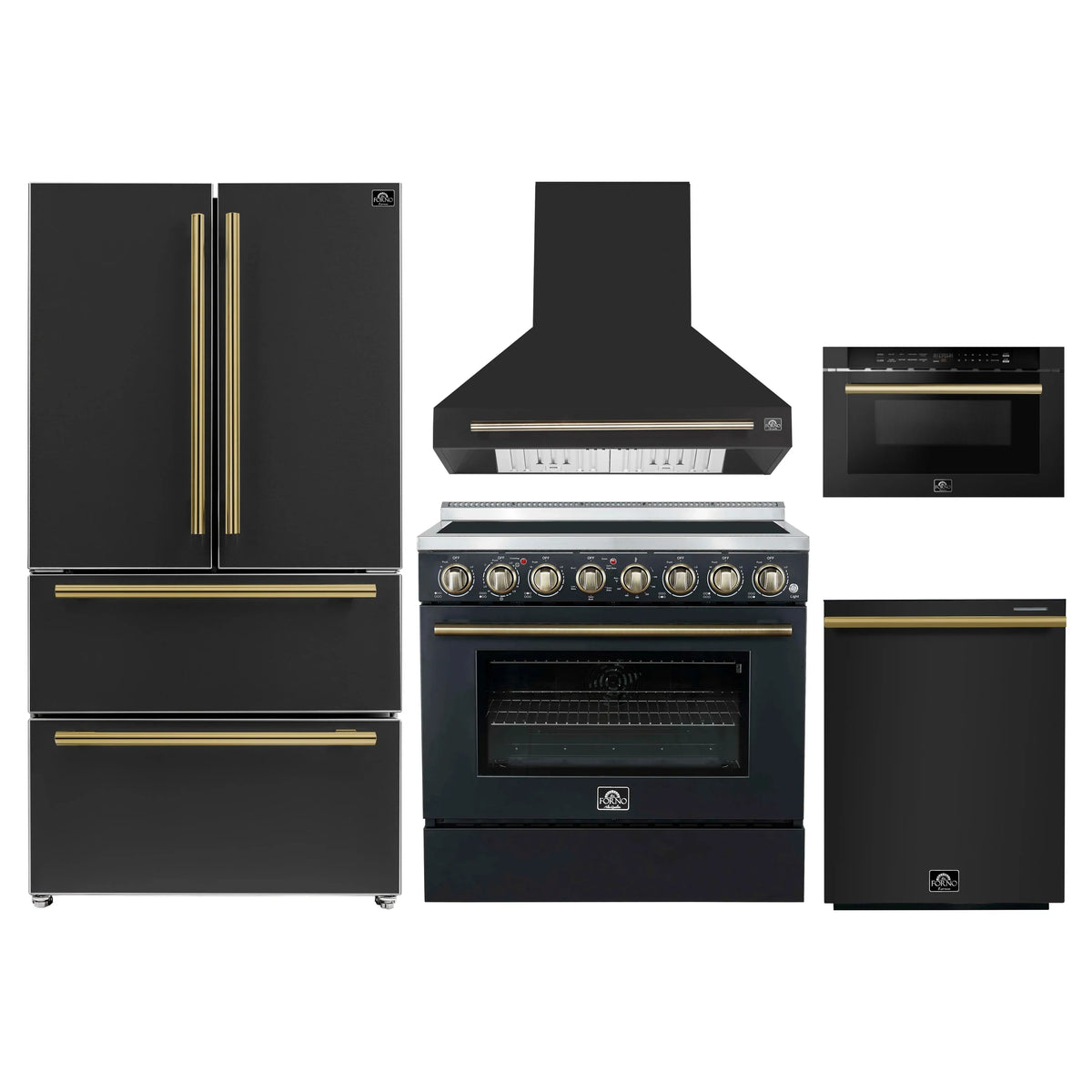 Forno 5-Piece Appliance Package - 36-Inch Electric Range, Wall Mount Range Hood, 36-Inch Refrigerator, Dishwasher, and 24-Inch Microwave Drawer in Black with Antique Brass Trim