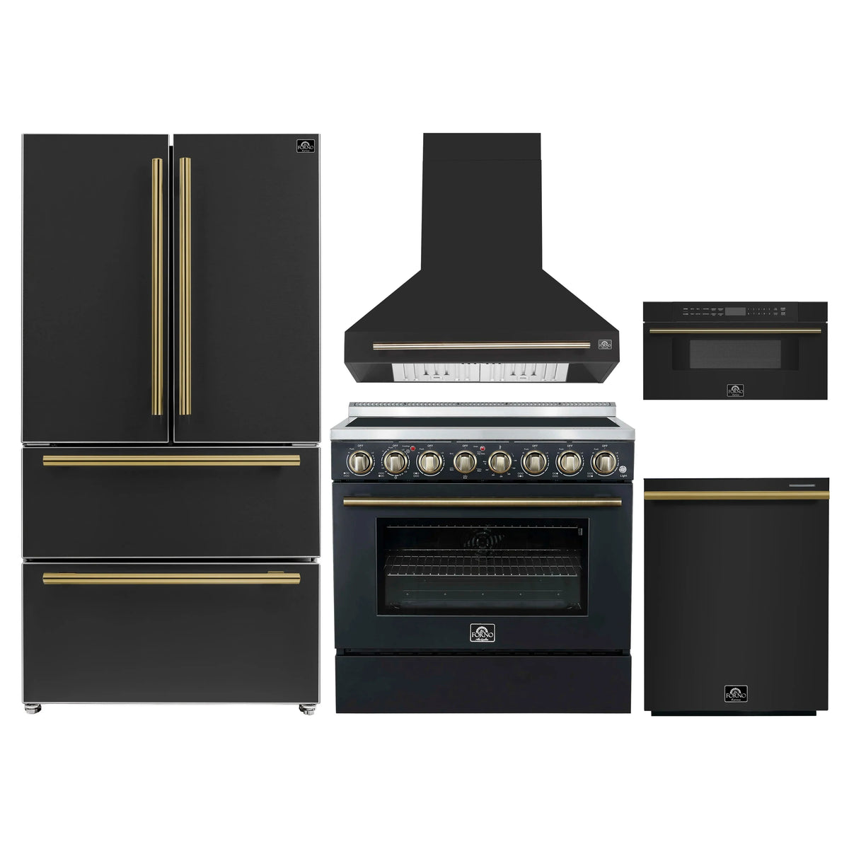 Forno 5-Piece Appliance Package - 36-Inch Electric Range, Wall Mount Range Hood, 36-Inch Refrigerator, Dishwasher, and 30-Inch Microwave Drawer in Black with Antique Brass Trim