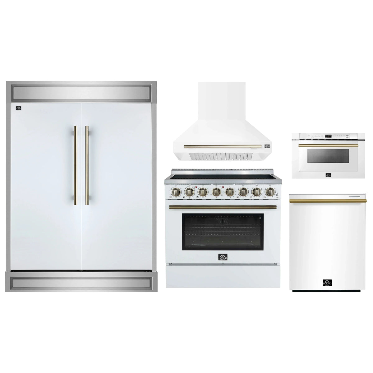 Forno 5-Piece Appliance Package - 36-Inch Electric Range, Wall Mount Range Hood, 60-Inch Refrigerator, Dishwasher, and 24-Inch Microwave Drawer in White with Antique Brass Trim