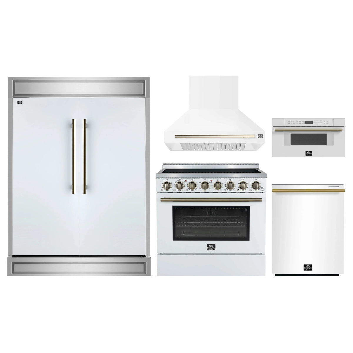 Forno 5-Piece Appliance Package - 36-Inch Electric Range, Wall Mount Range Hood, 60-Inch Refrigerator, Dishwasher, and 30-Inch Microwave Drawer in White with Antique Brass Trim