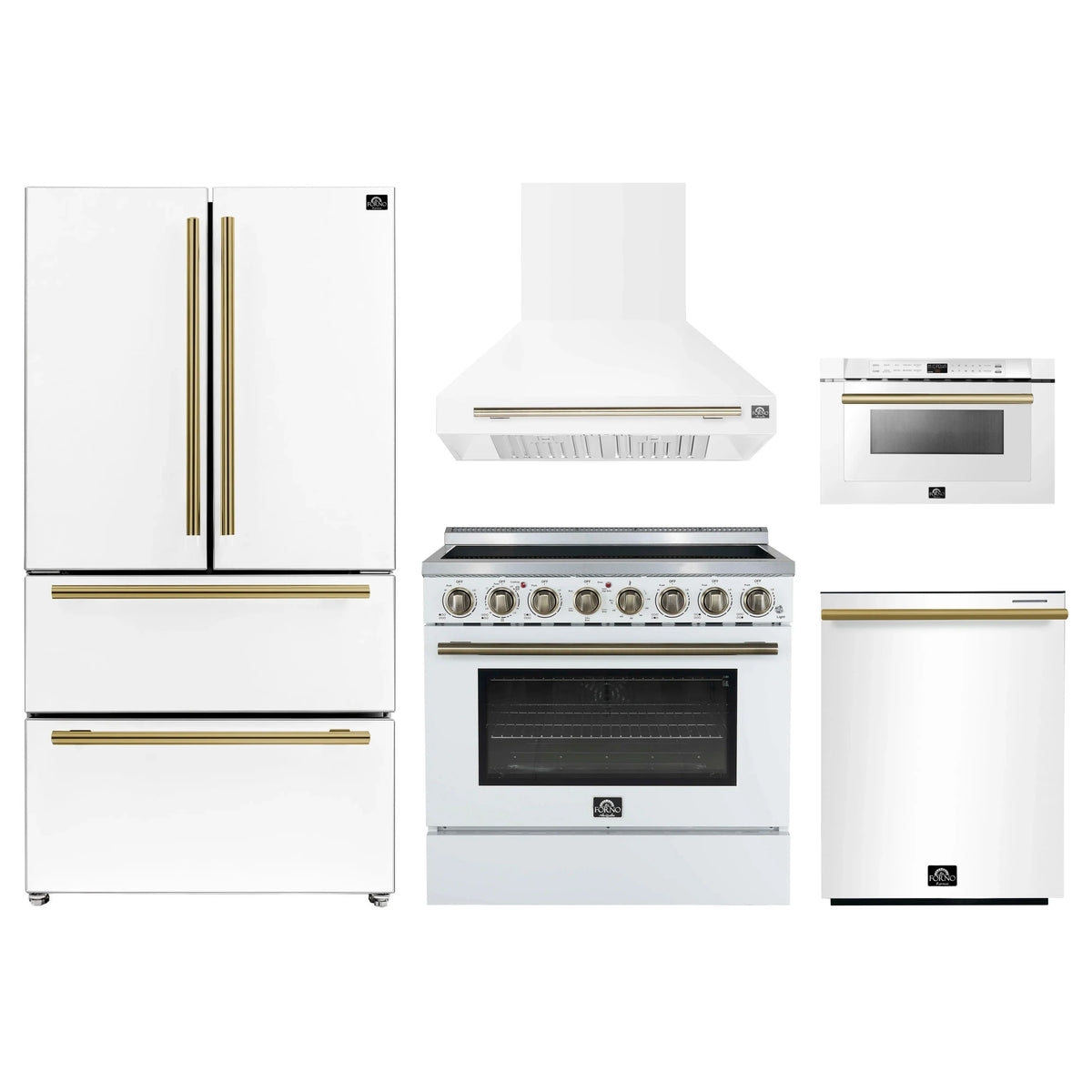 Forno 5-Piece Appliance Package - 36-Inch Electric Range, Wall Mount Range Hood, 36-Inch Refrigerator, Dishwasher, and 24-Inch Microwave Drawer in White with Antique Brass Trim
