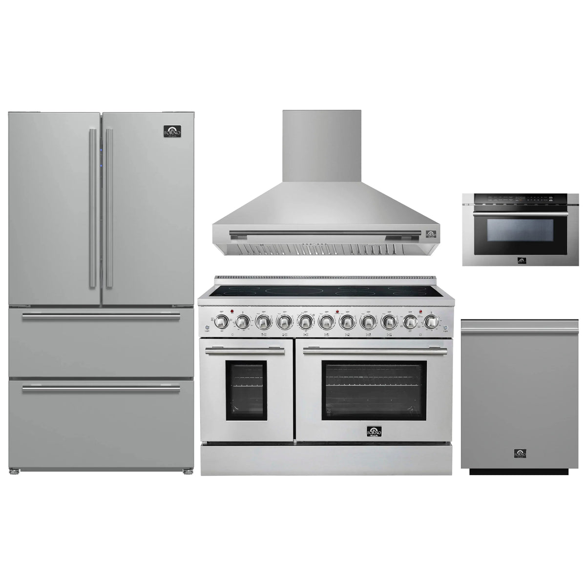 Forno 5-Piece Appliance Package - 48-Inch Electric Range, Wall Mount Range Hood, 36-Inch Refrigerator, Dishwasher, and 24-Inch Microwave Drawer in Stainless Steel