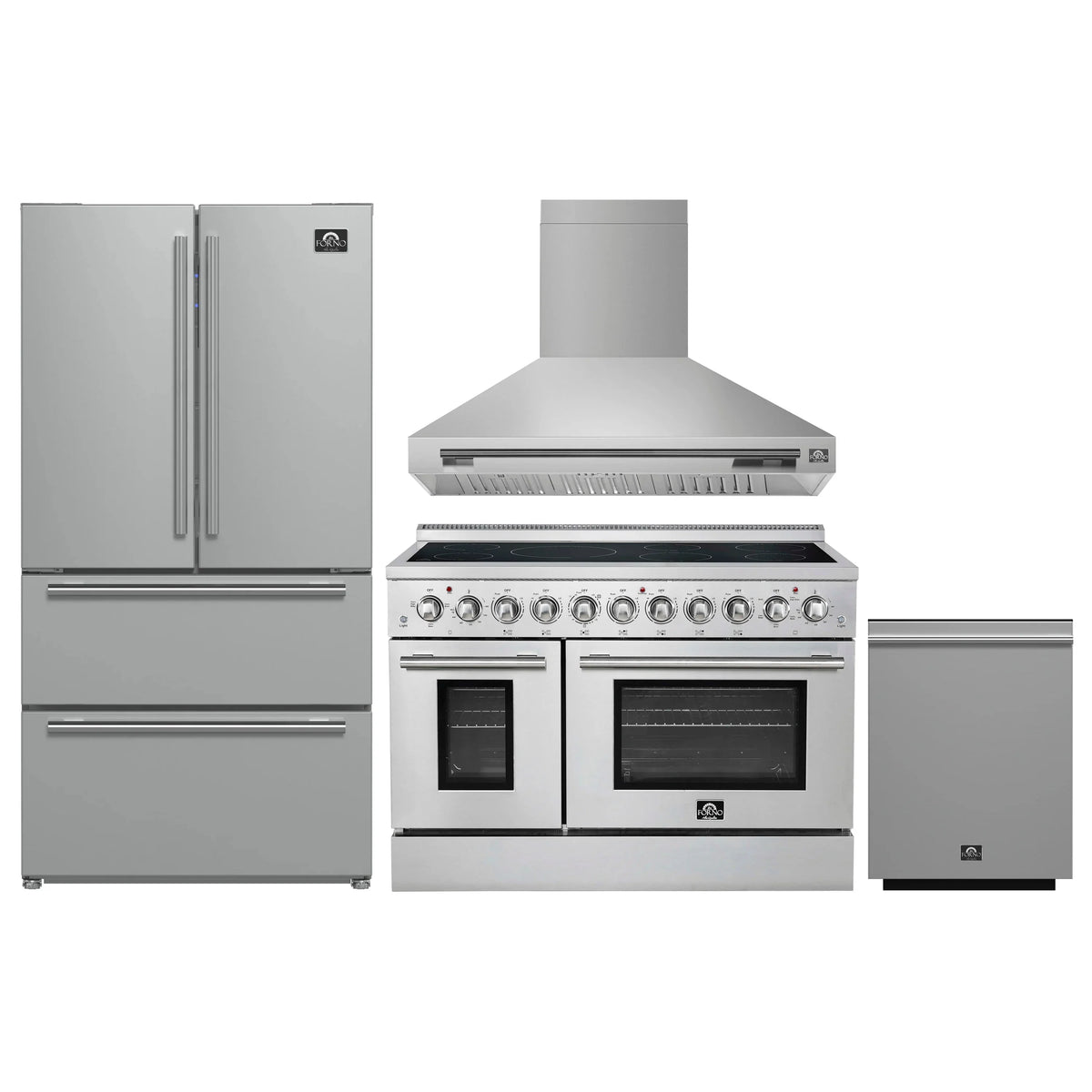 Forno 5-Piece Appliance Package - 48-Inch Electric Range, Wall Mount Range Hood, 36-Inch Refrigerator, Dishwasher, and 24-Inch Microwave Oven in Stainless Steel
