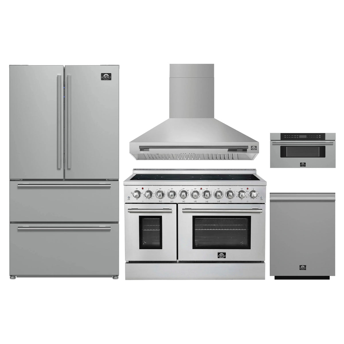 Forno 5-Piece Appliance Package - 48-Inch Electric Range, Wall Mount Range Hood, 36-Inch Refrigerator, Dishwasher, and 30-Inch Microwave Drawer in Stainless Steel