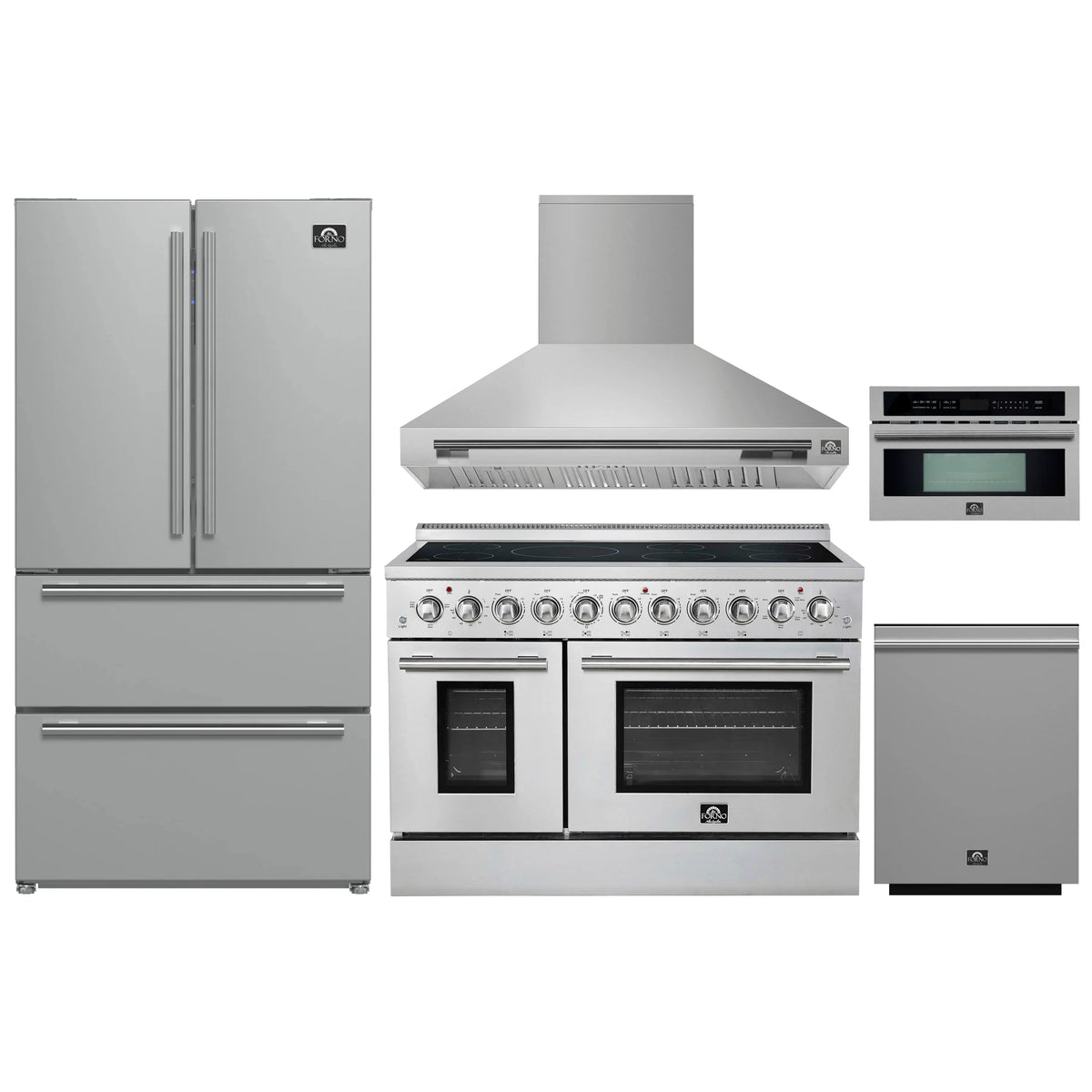 Forno 5-Piece Appliance Package - 48-Inch Electric Range, Wall Mount Range Hood, 36-Inch Refrigerator, Dishwasher, and 30-Inch Microwave Oven in Stainless Steel