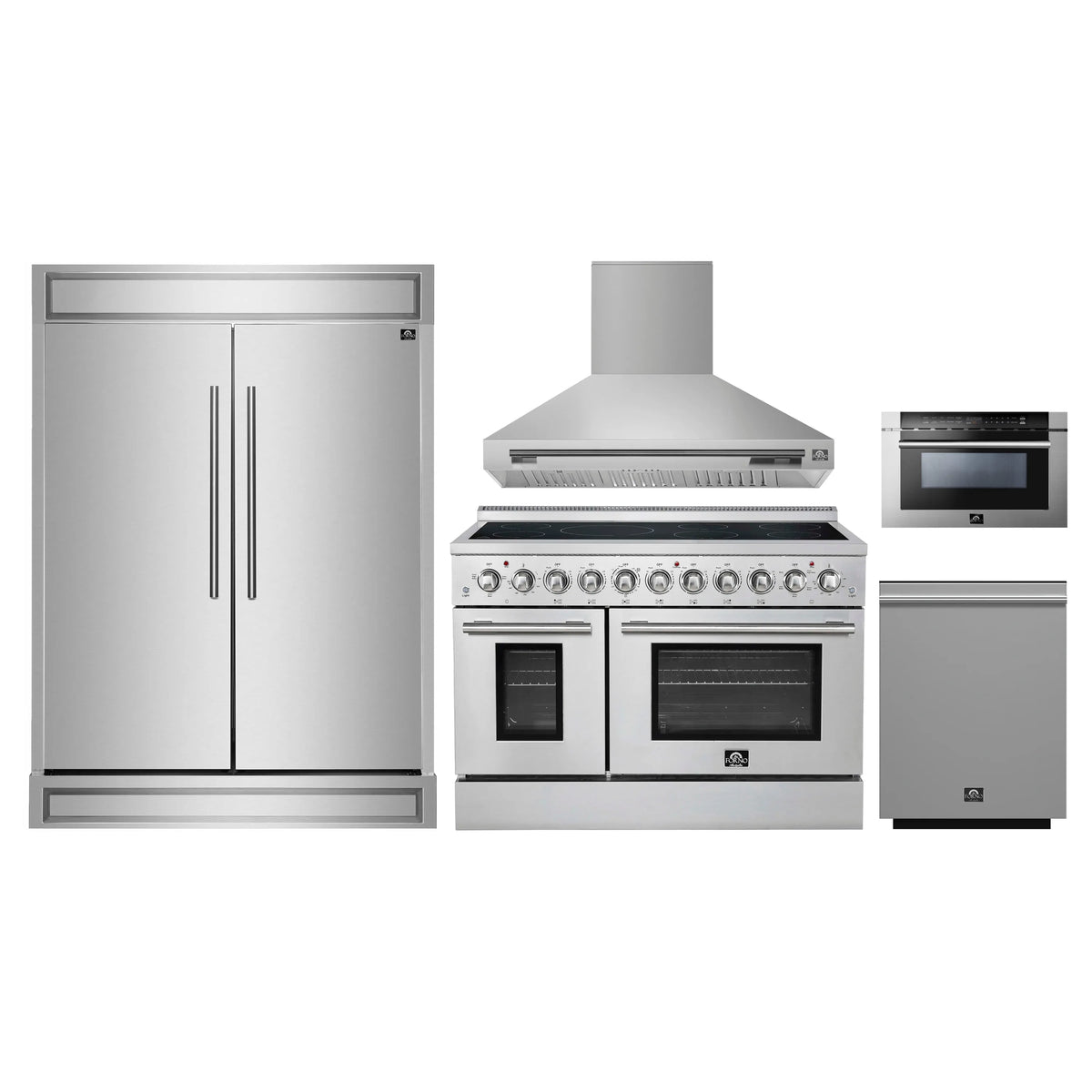 Forno 5-Piece Appliance Package - 48-Inch Electric Range, Wall Mount Range Hood, 60-Inch Refrigerator, Dishwasher, and 24-Inch Microwave Drawer in Stainless Steel