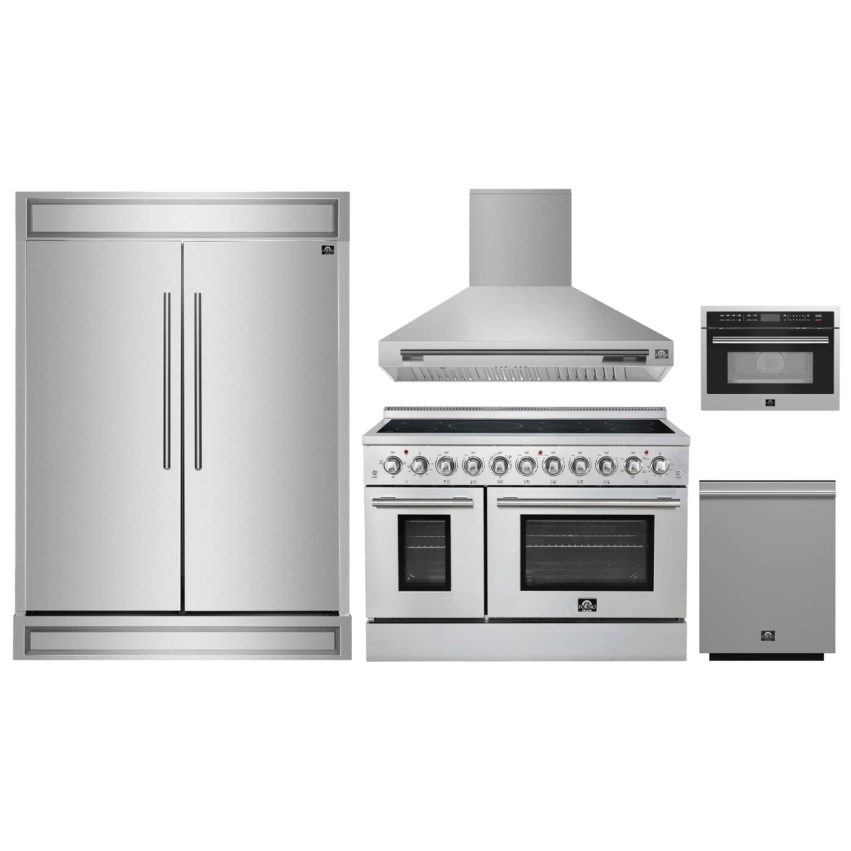 Forno 5-Piece Appliance Package - 48-Inch Electric Range, Wall Mount Range Hood, 60-Inch Refrigerator, Dishwasher, and 24-Inch Microwave Oven in Stainless Steel
