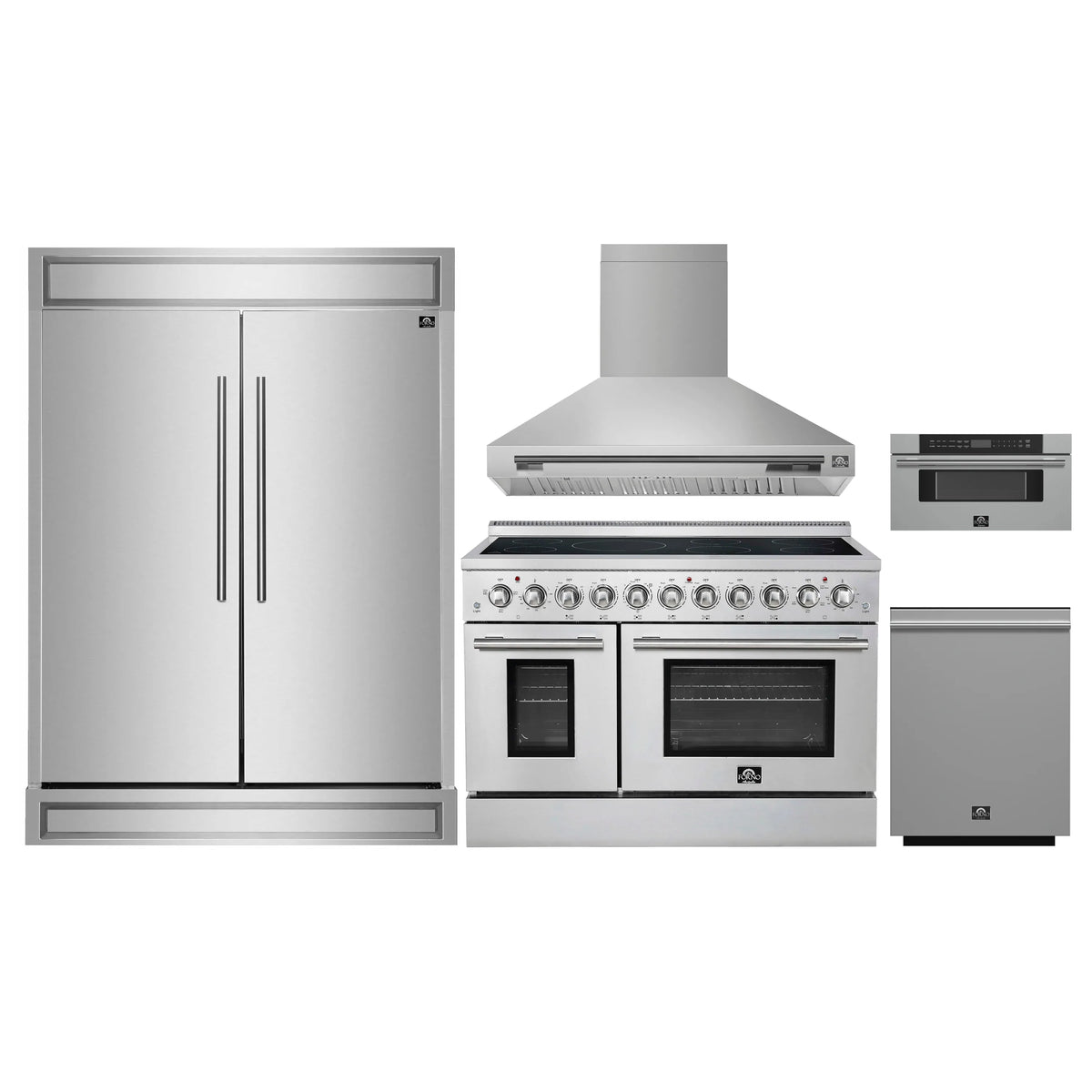 Forno 5-Piece Appliance Package - 48-Inch Electric Range, Wall Mount Range Hood, 60-Inch Refrigerator, Dishwasher, and 30-Inch Microwave Drawer in Stainless Steel