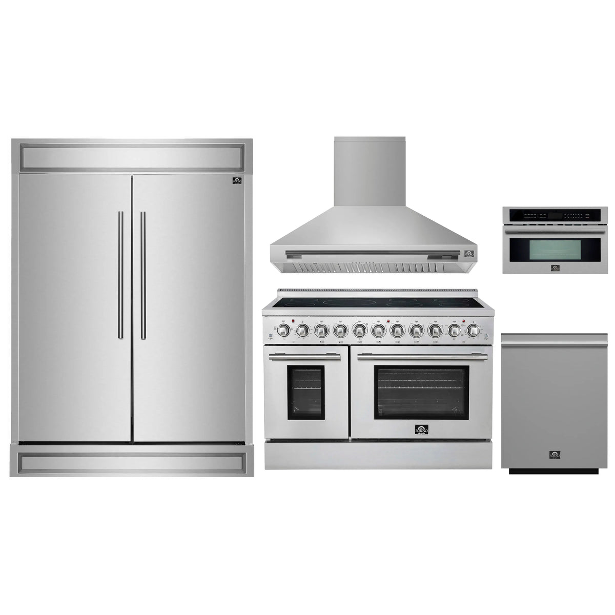 Forno 5-Piece Appliance Package - 48-Inch Electric Range, Wall Mount Range Hood, 60-Inch Refrigerator, Dishwasher, and 30-Inch Microwave Oven in Stainless Steel