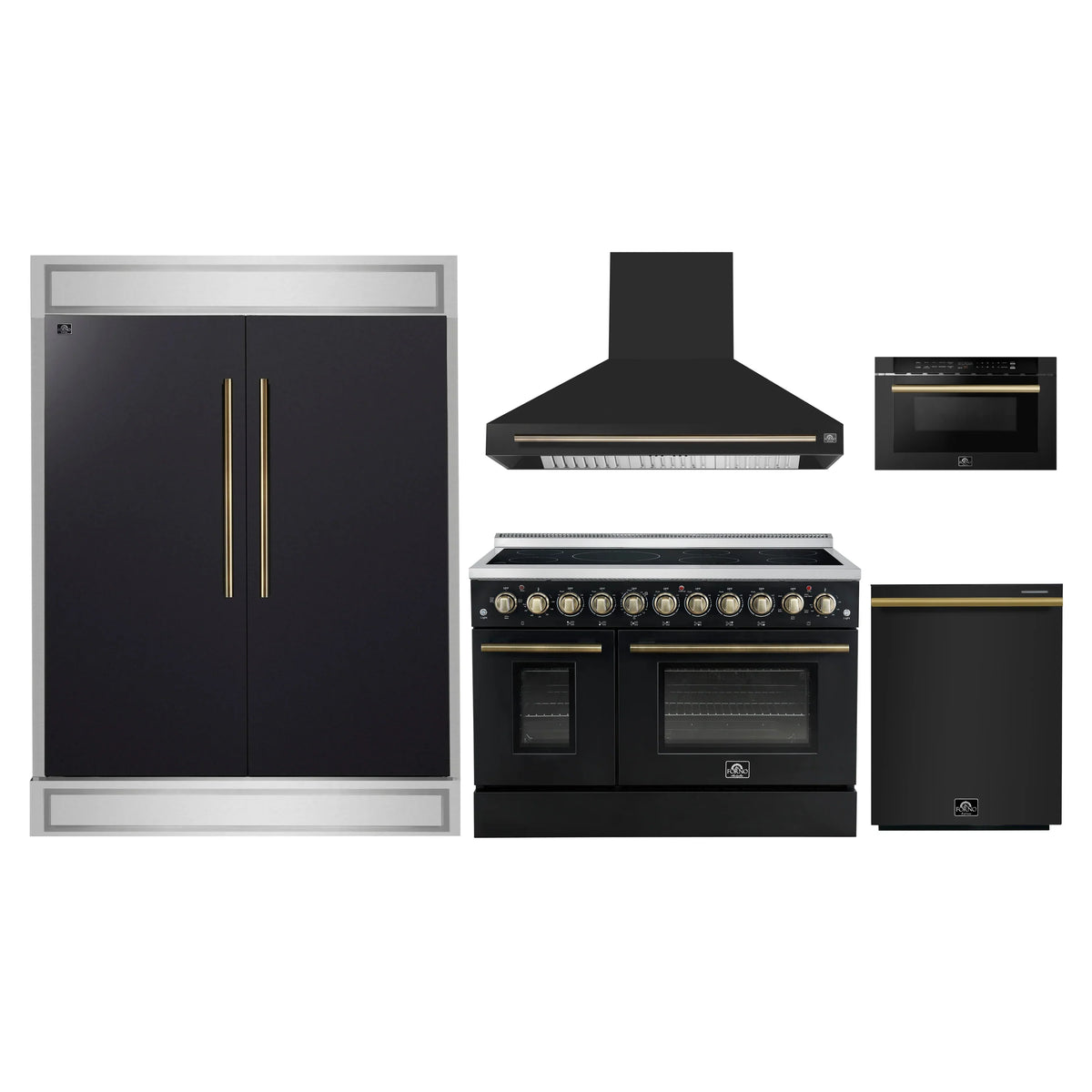 Forno 5-Piece Appliance Package - 48-Inch Electric Range, Wall Mount Range Hood, 60-Inch Refrigerator, Dishwasher, and 24-Inch Microwave Drawer in Black with Antique Brass Trim