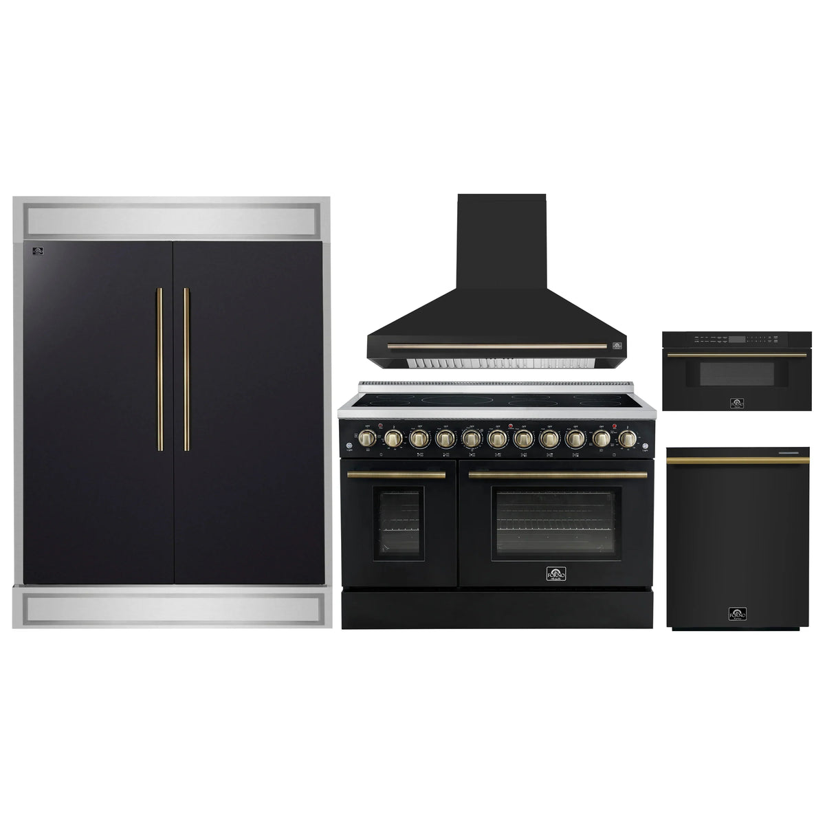 Forno 5-Piece Appliance Package - 48-Inch Electric Range, Wall Mount Range Hood, 60-Inch Refrigerator, Dishwasher, and 30-Inch Microwave Drawer in Black with Antique Brass Trim