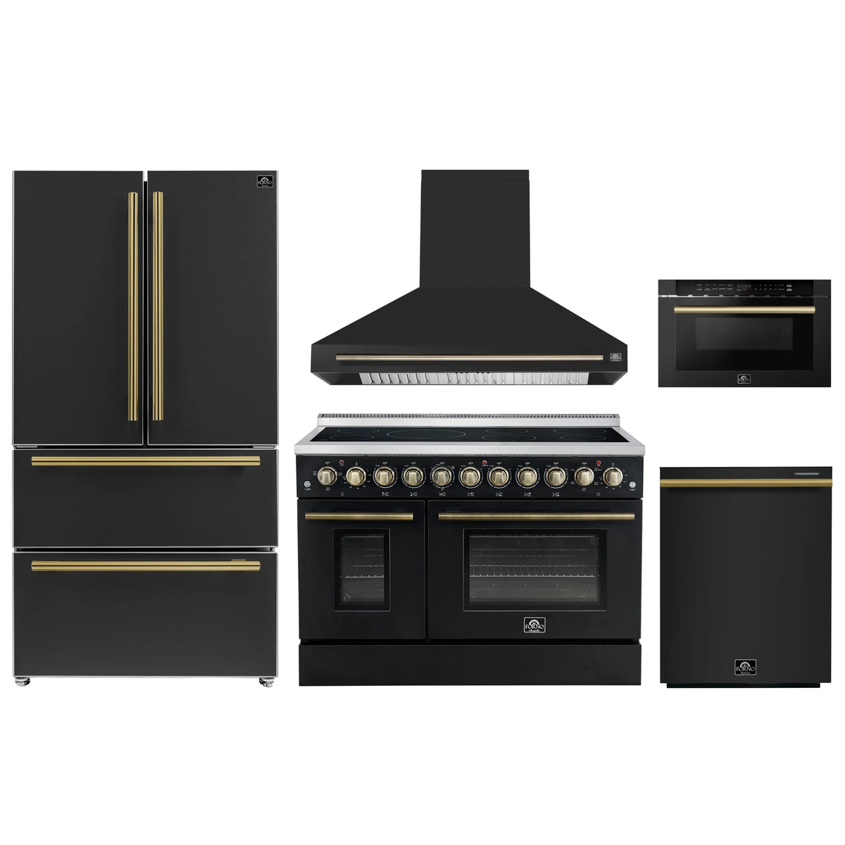 Forno 5-Piece Appliance Package - 48-Inch Electric Range, Wall Mount Range Hood, 36-Inch Refrigerator, Dishwasher, and 24-Inch Microwave Drawer in Black with Antique Brass Trim