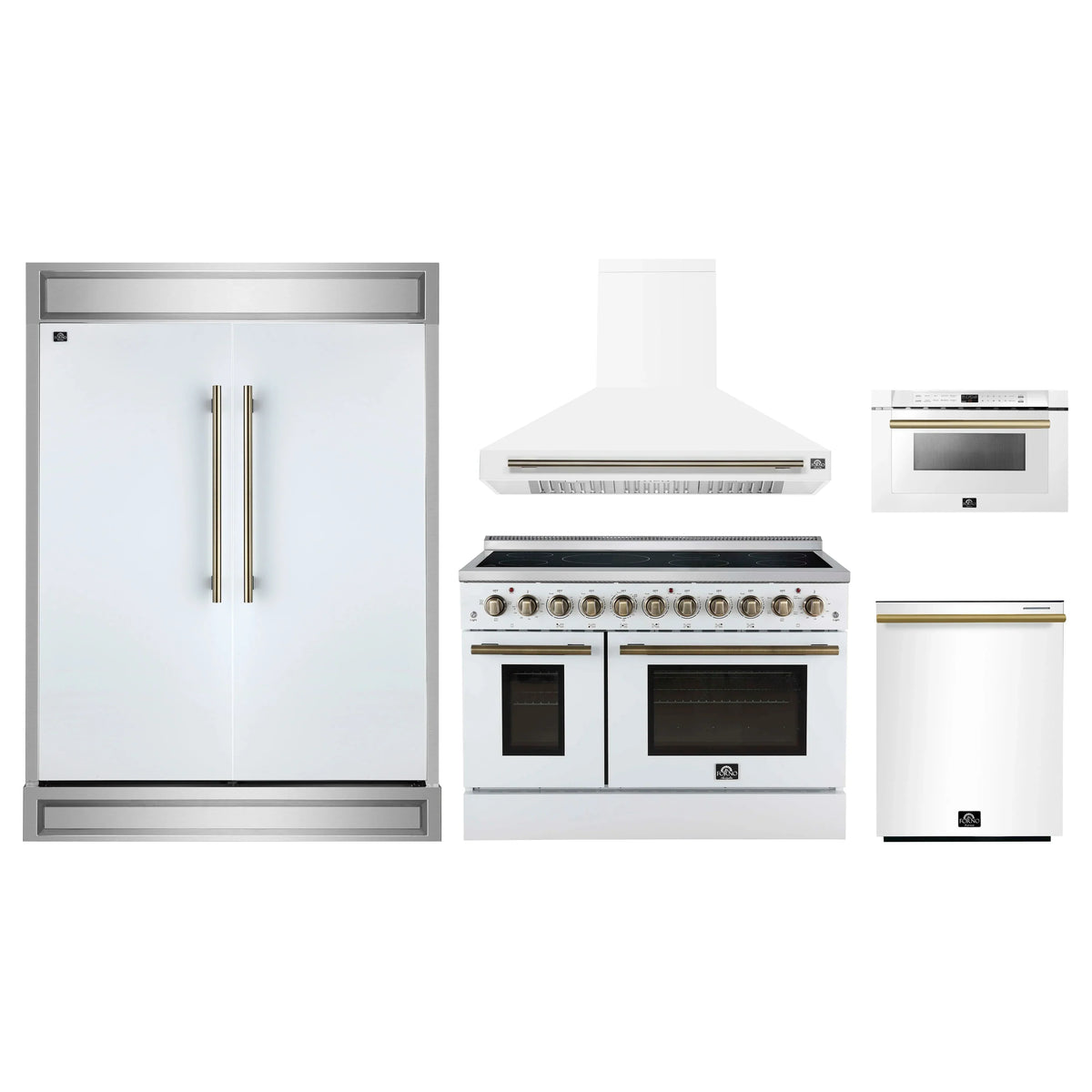 Forno 5-Piece Appliance Package - 48-Inch Electric Range, Wall Mount Range Hood, 60-Inch Refrigerator, Dishwasher, and 24-Inch Microwave Drawer in White with Antique Brass Trim
