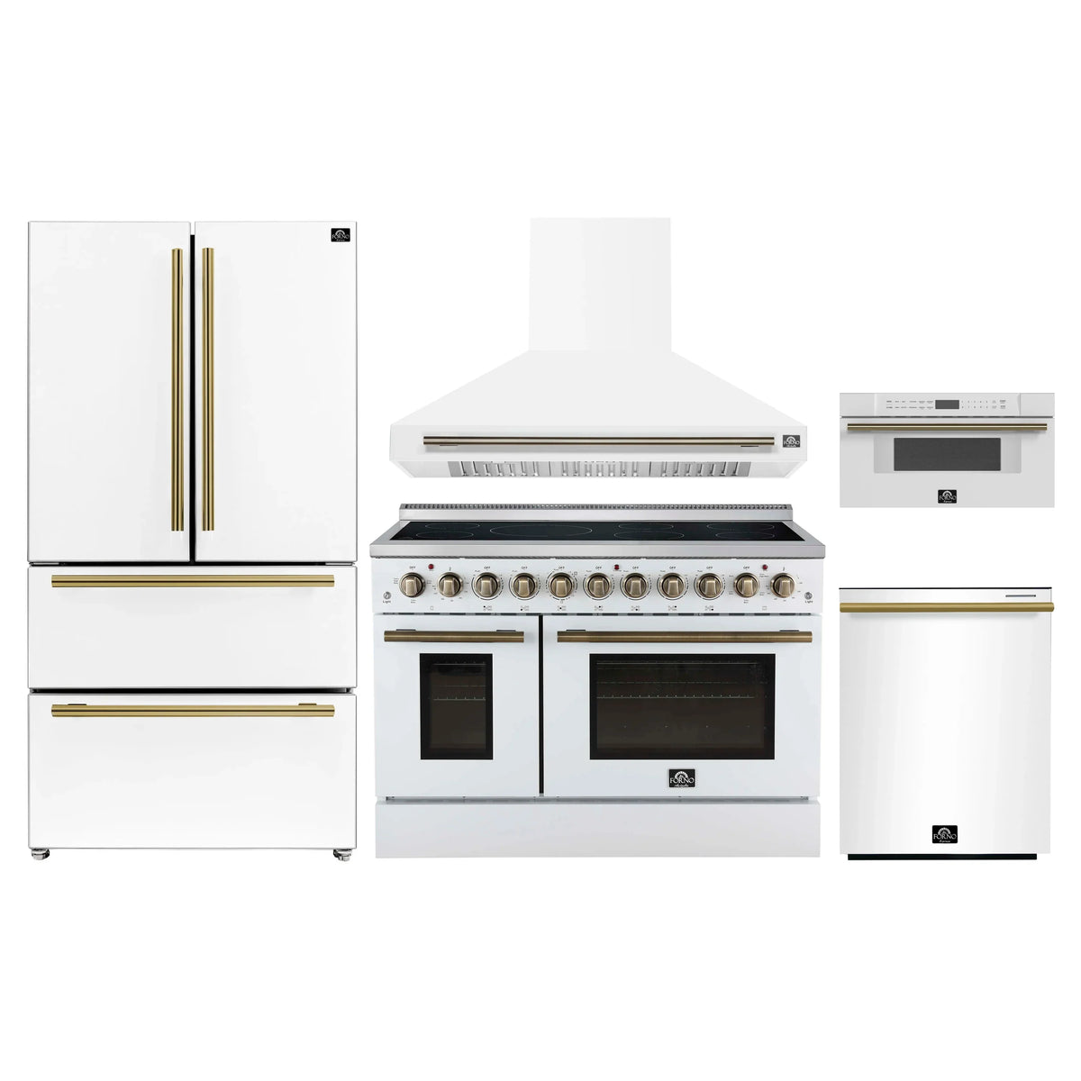 Forno 5-Piece Appliance Package - 48-Inch Electric Range, Wall Mount Range Hood, 36-Inch Refrigerator, Dishwasher, and 30-Inch Microwave Drawer in White with Antique Brass Trim