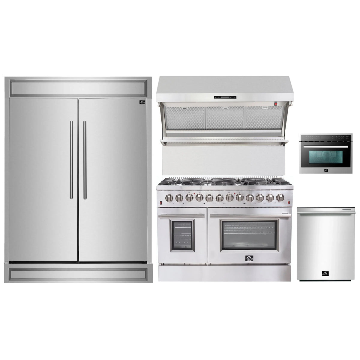 Forno 5-Piece Appliance Package - 48-Inch Dual Fuel Range, 60-Inch Pro-Style Refrigerator, Wall Mount Hood with Backsplash, 24-Inch Microwave Oven, & 3-Rack Dishwasher in Stainless Steel