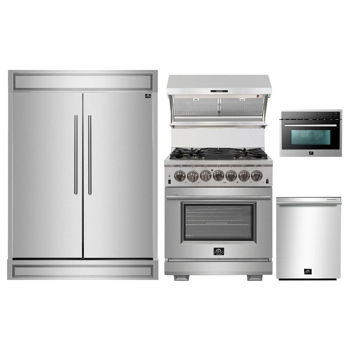 Forno 5-Piece Pro Appliance Package - 30-Inch Dual Fuel Range, 60-Inch Pro-Style Refrigerator, Wall Mount Hood with Backsplash, 24-Inch Microwave Oven, & 3-Rack Dishwasher in Stainless Steel