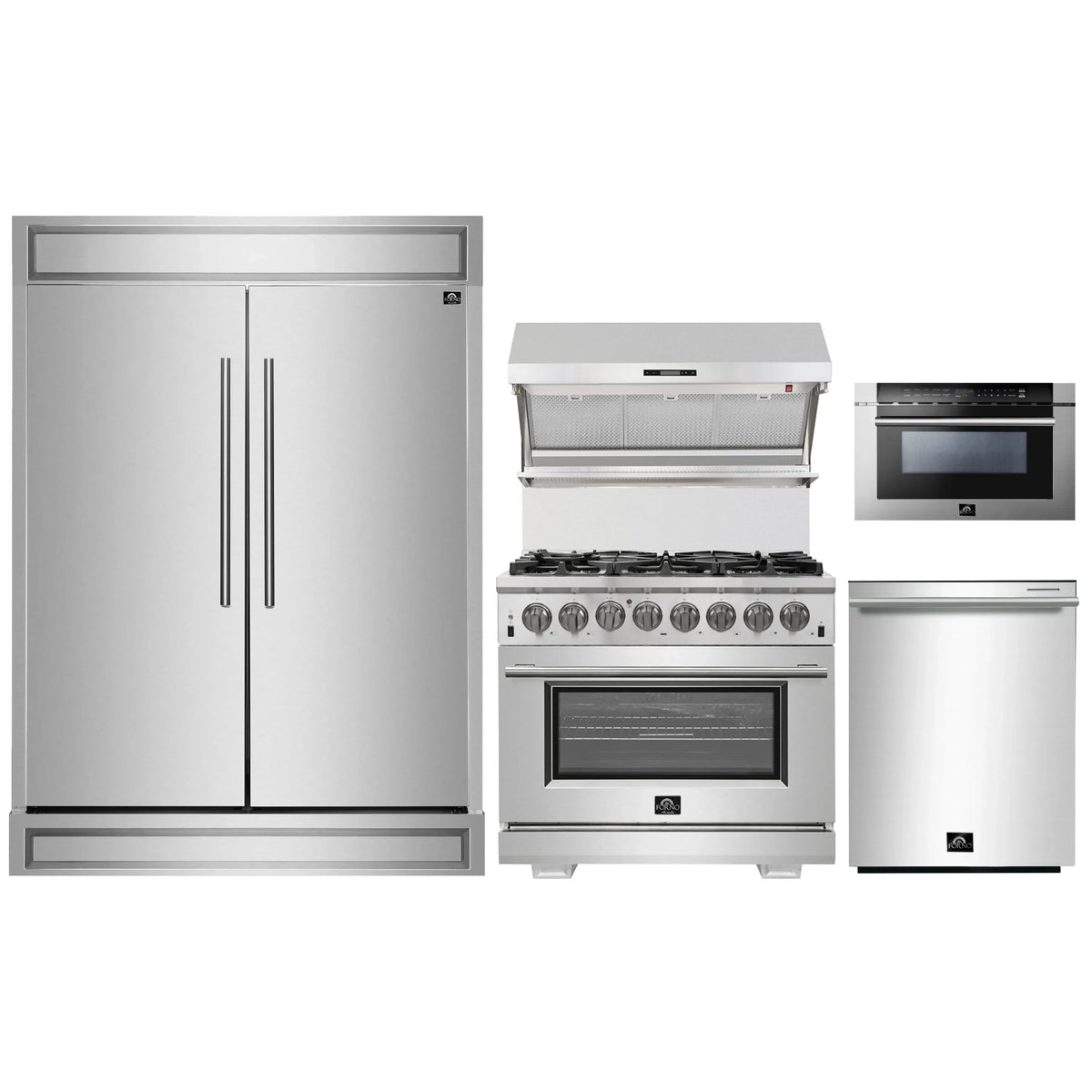 Forno 5-Piece Pro Appliance Package - 36-Inch Dual Fuel Range, 60-Inch Pro-Style Refrigerator, Wall Mount Hood with Backsplash, 24-Inch Microwave Drawer, & 3-Rack Dishwasher in Stainless Steel